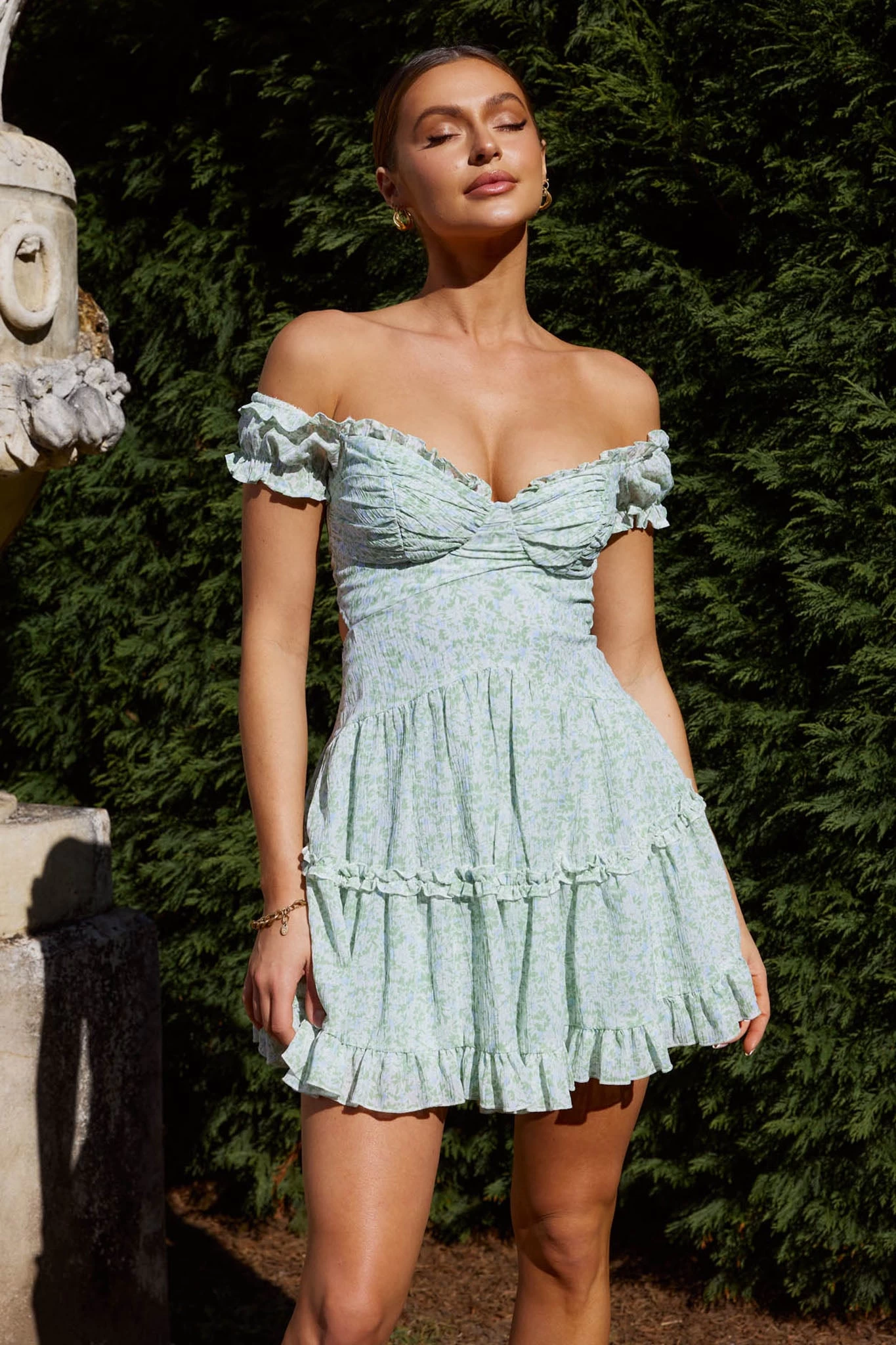 Run The World Off-Shoulder Mini Dress Floral Green - Image 4