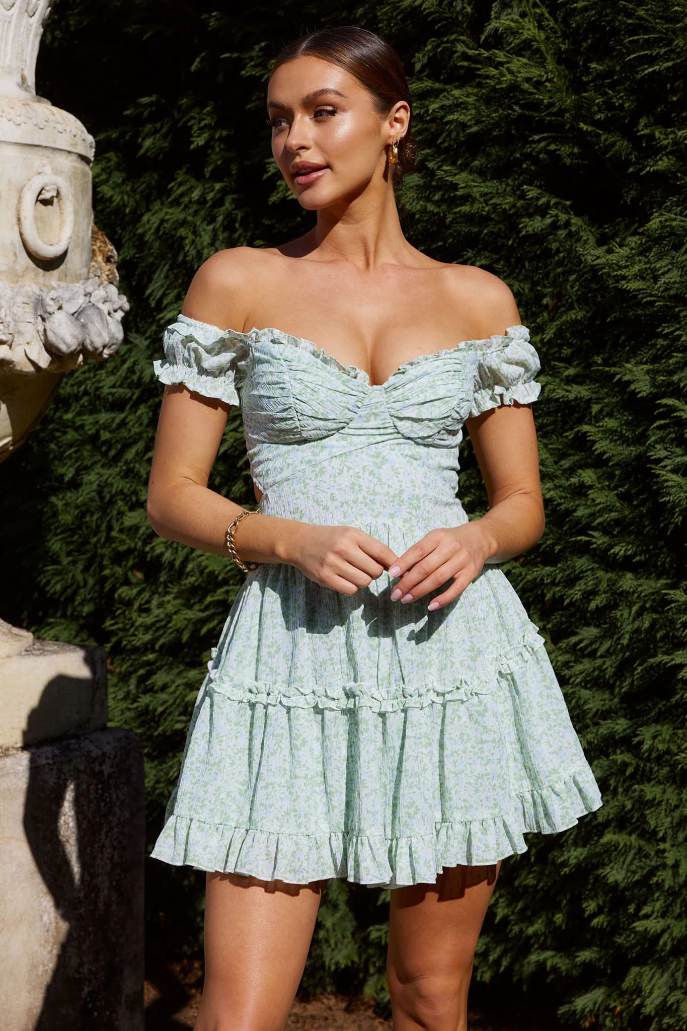 Run The World Off-Shoulder Mini Dress Floral Green - Image 6