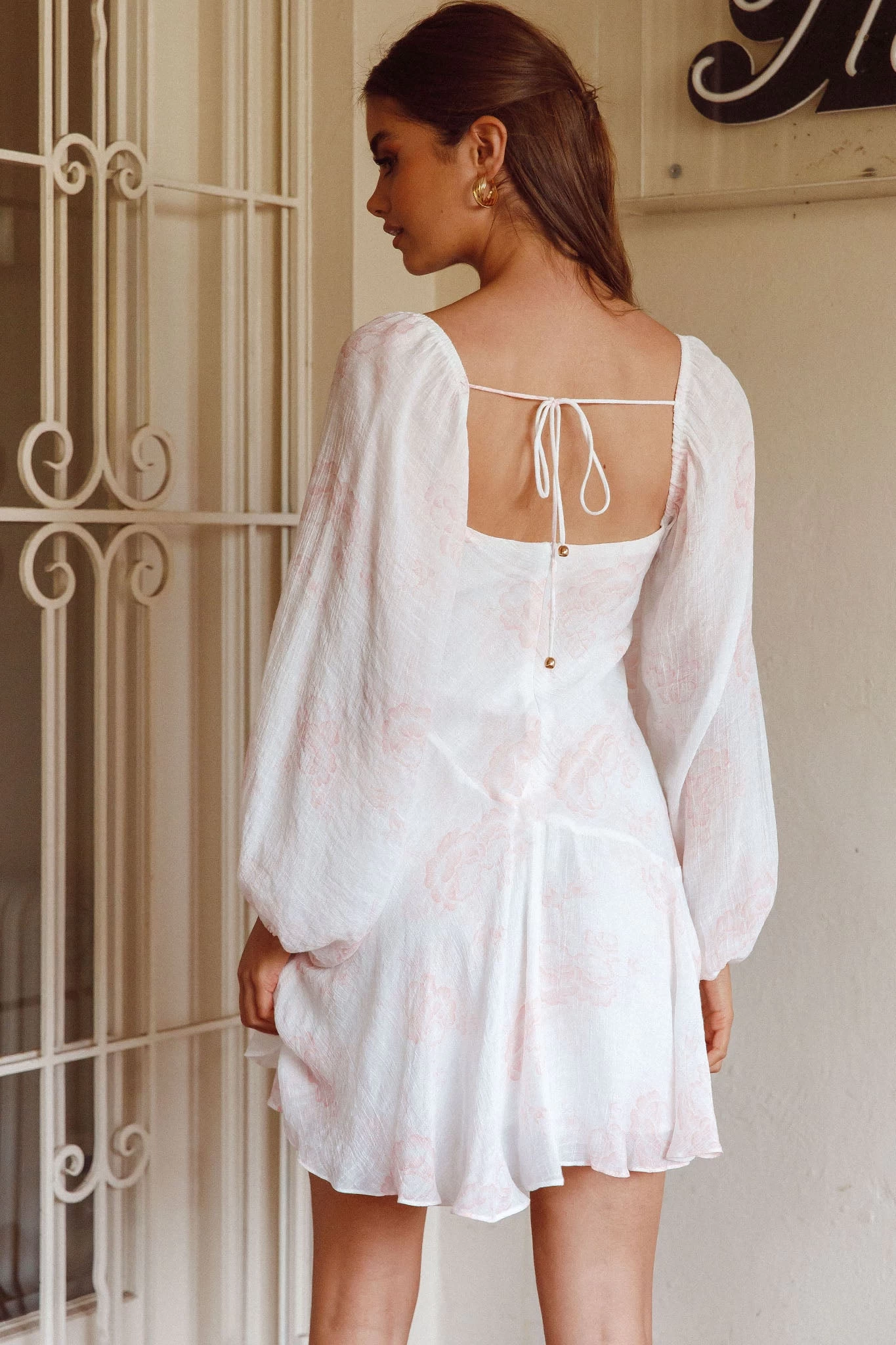 Beaujolais Long Sleeve Cowl Neckline Ruffle Mini Dress Floral Blush - Image 2