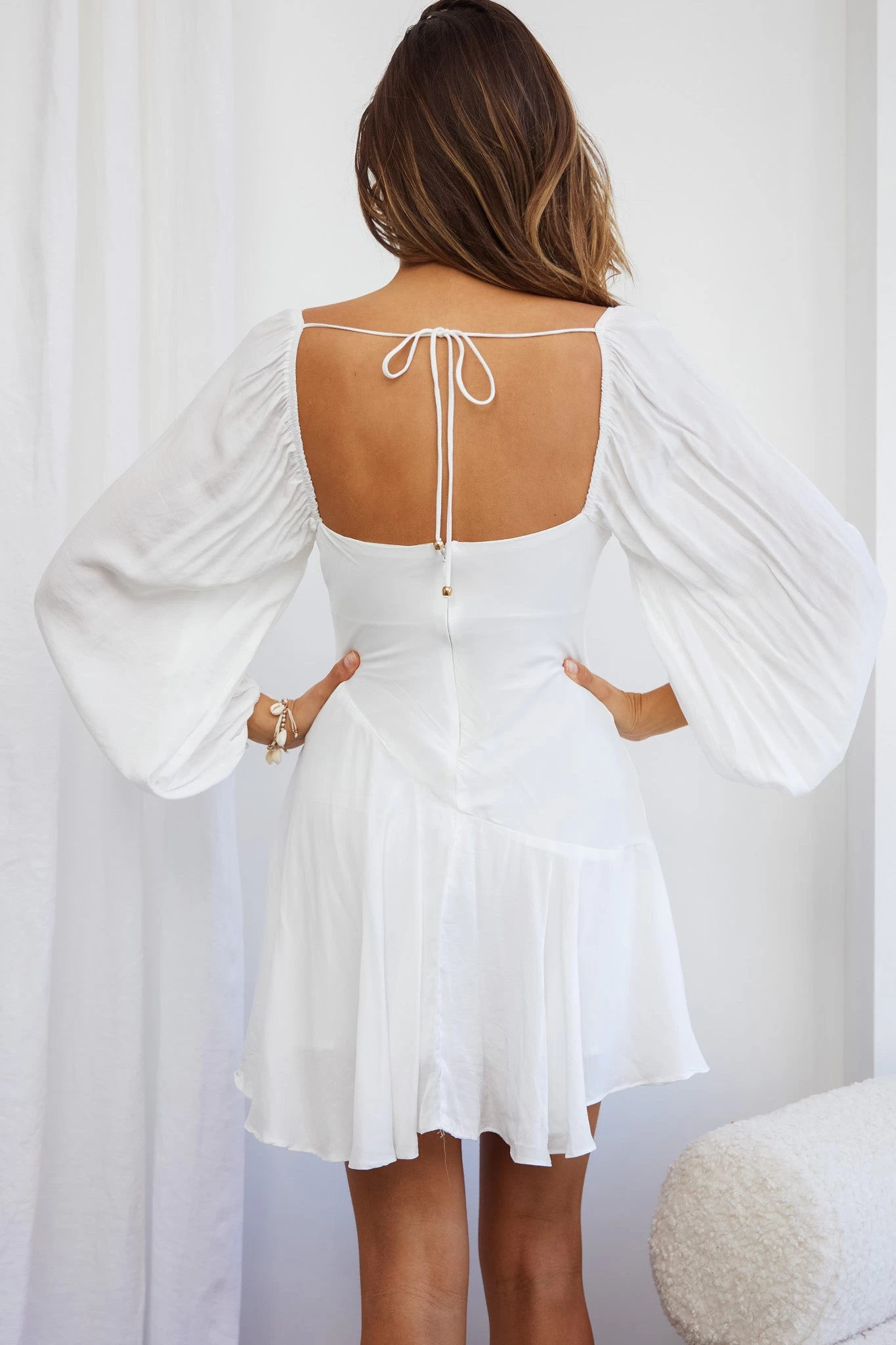 Beaujolais Long Sleeve Cowl Neckline Ruffle Satin Mini Dress White - Image 2