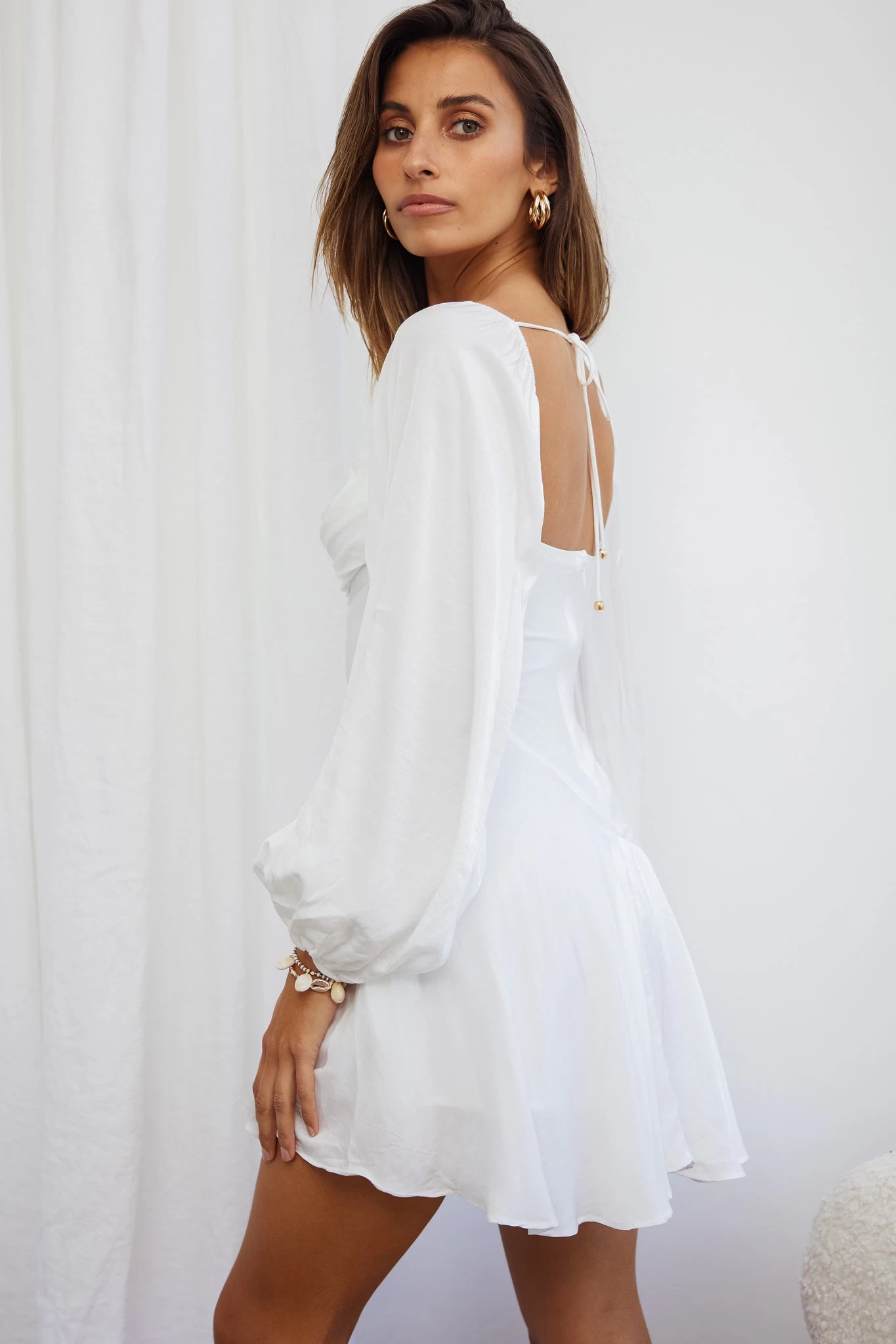 Beaujolais Long Sleeve Cowl Neckline Ruffle Satin Mini Dress White - Image 6