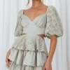 Emery Floral Lace Accent Layered Ruffle Tie Back Dress Avocado