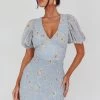 La Nena Shirred Mini Dress Floral Blue