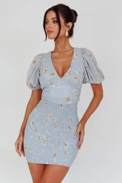 La Nena Shirred Mini Dress Floral Blue