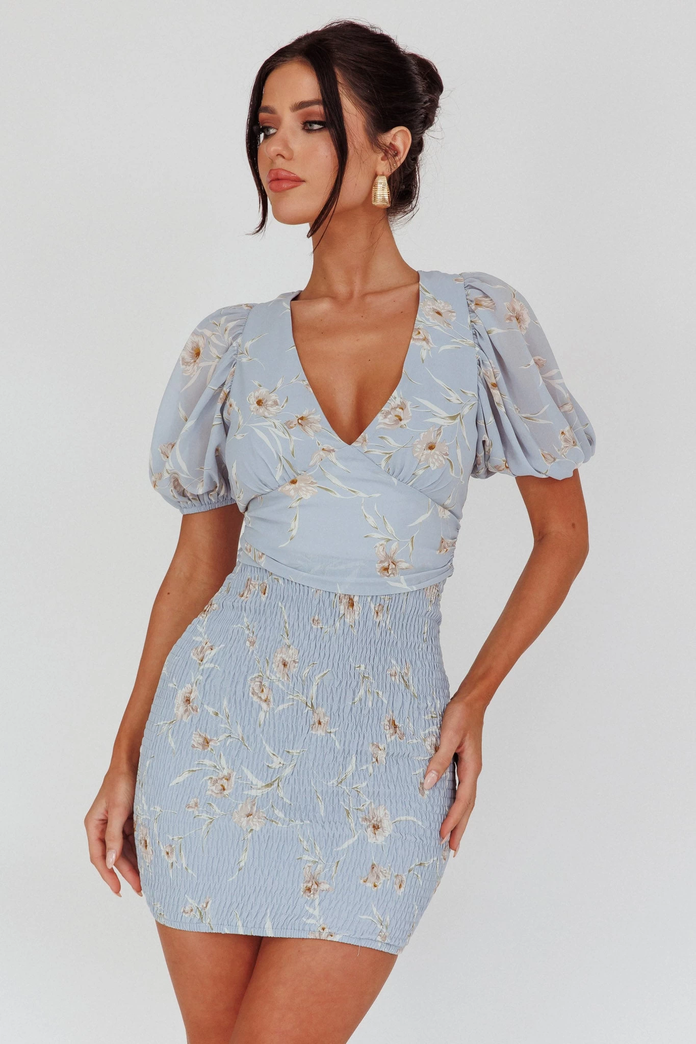 La Nena Shirred Mini Dress Floral Blue