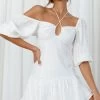 Summertime String-Tie Halterneck Puff Sleeve Mini Dress White