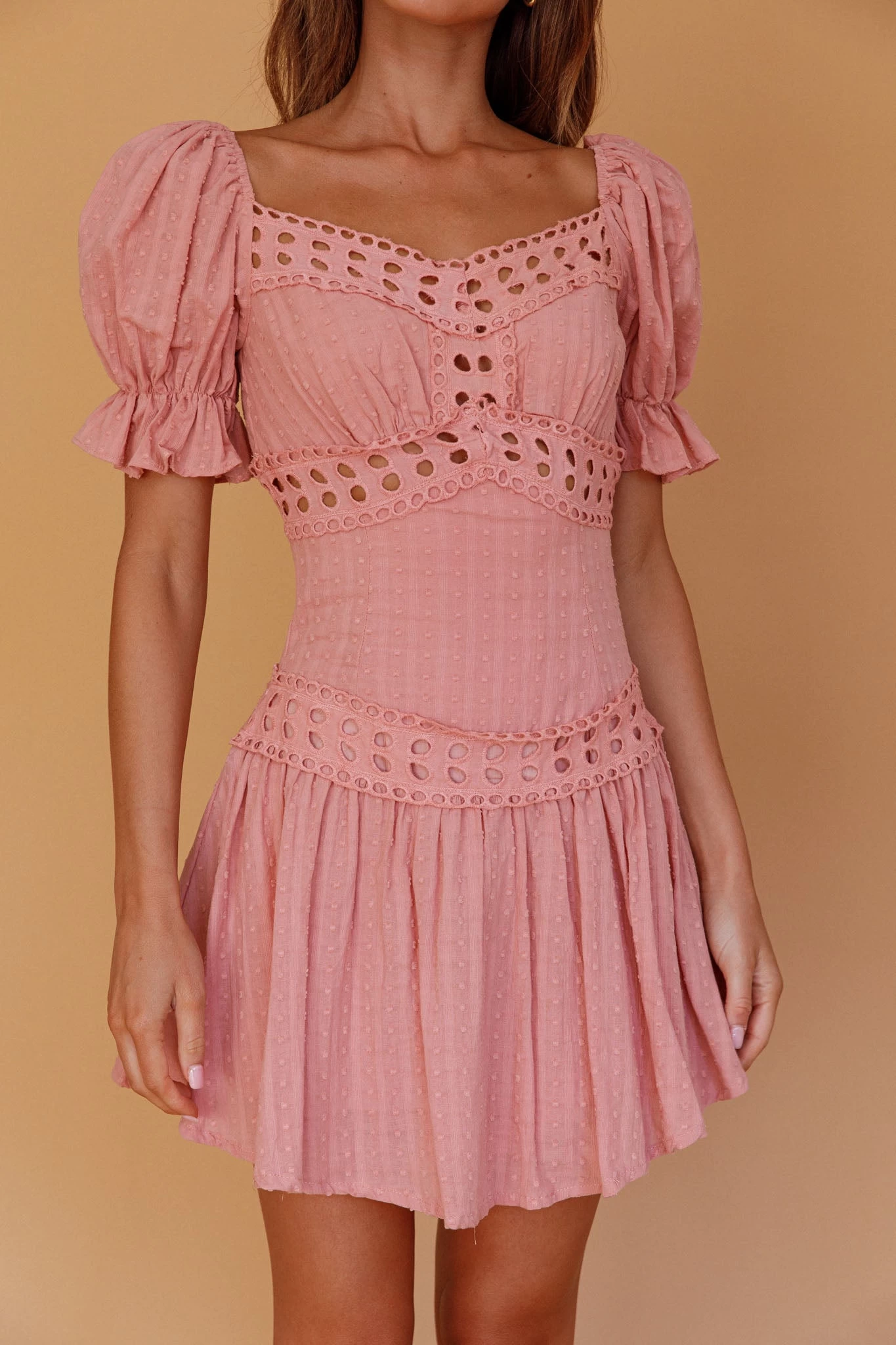 Elowen Lace Trim Puff Sleeve Mini Dress Blush - Image 4