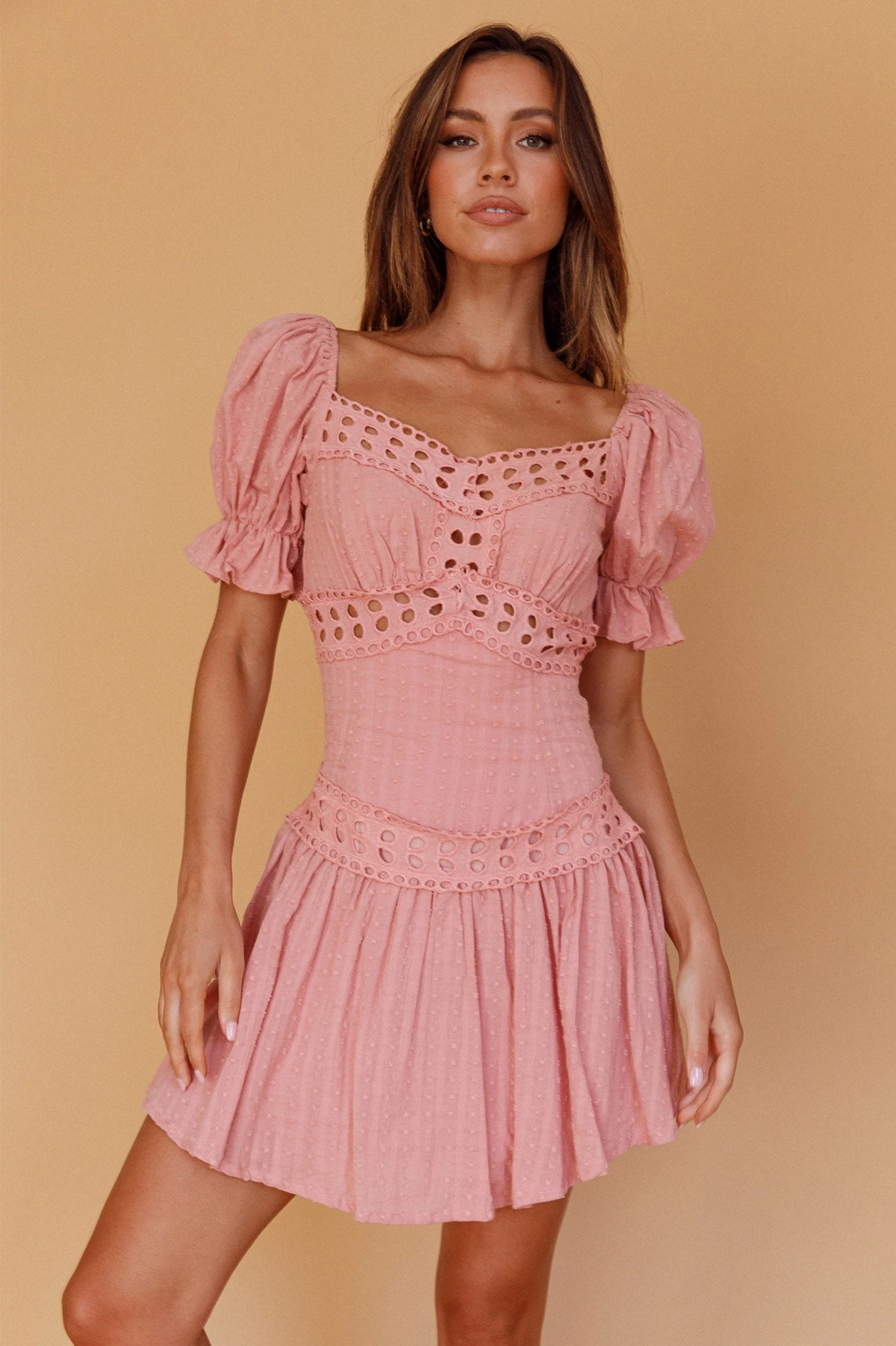 Elowen Lace Trim Puff Sleeve Mini Dress Blush - Image 5