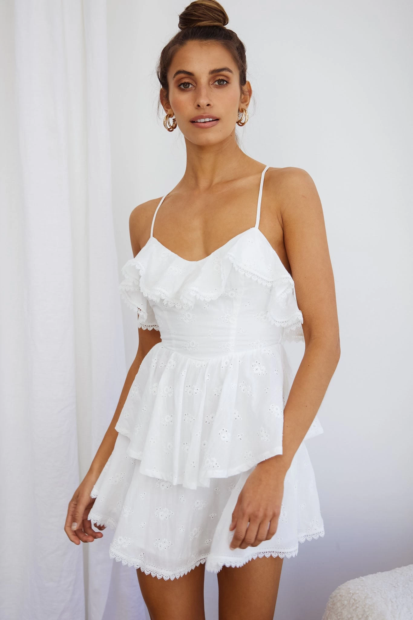 Tameka Ruffle Trim Layered Hem Eyelet Dress White - Image 8