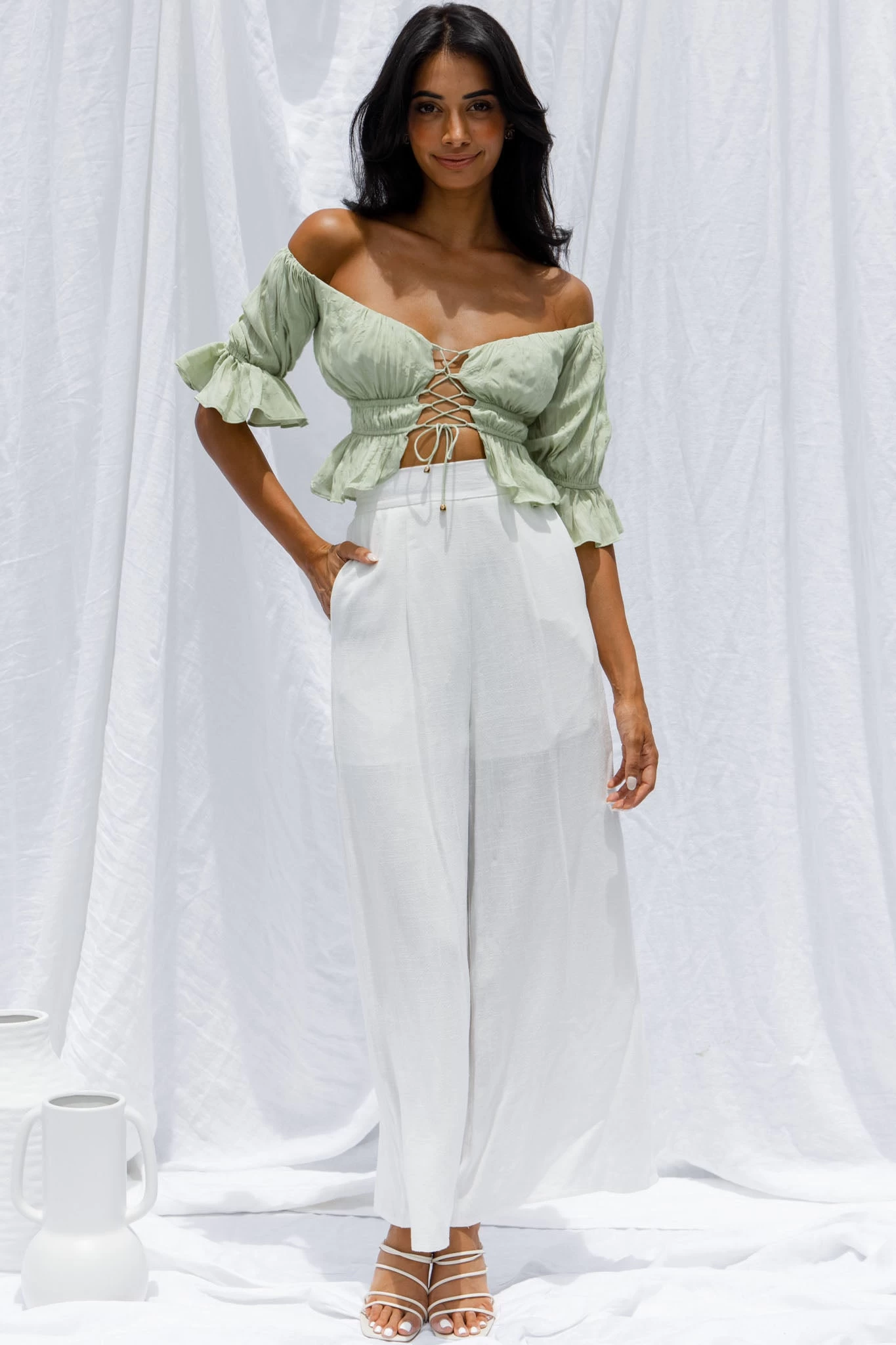 La Romana High Waisted Wide Leg Pants White - Image 3