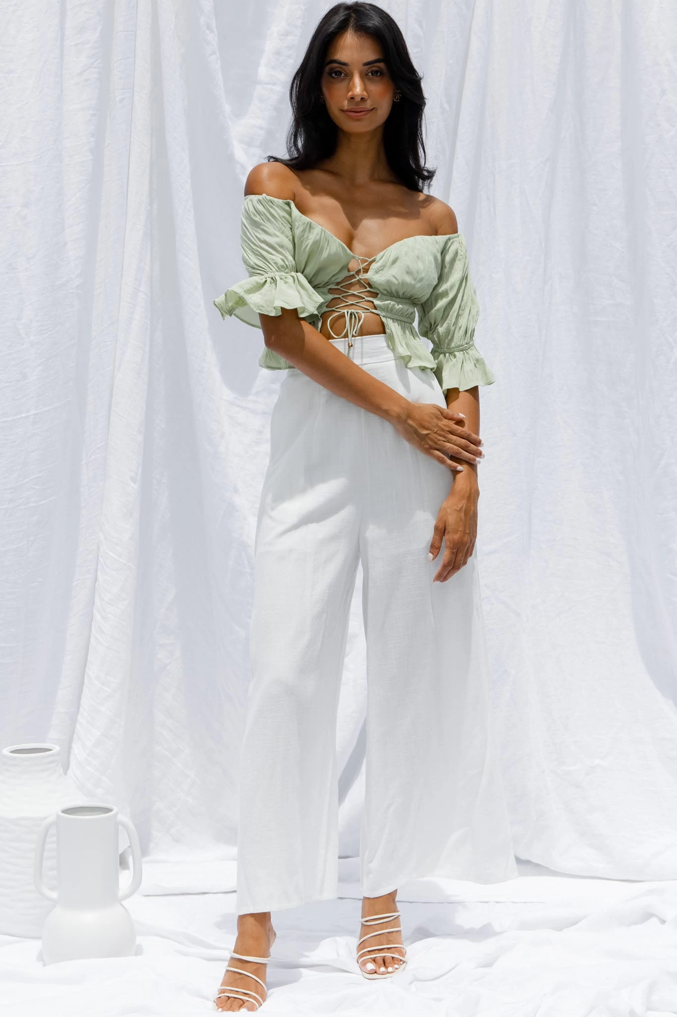 La Romana High Waisted Wide Leg Pants White - Image 6