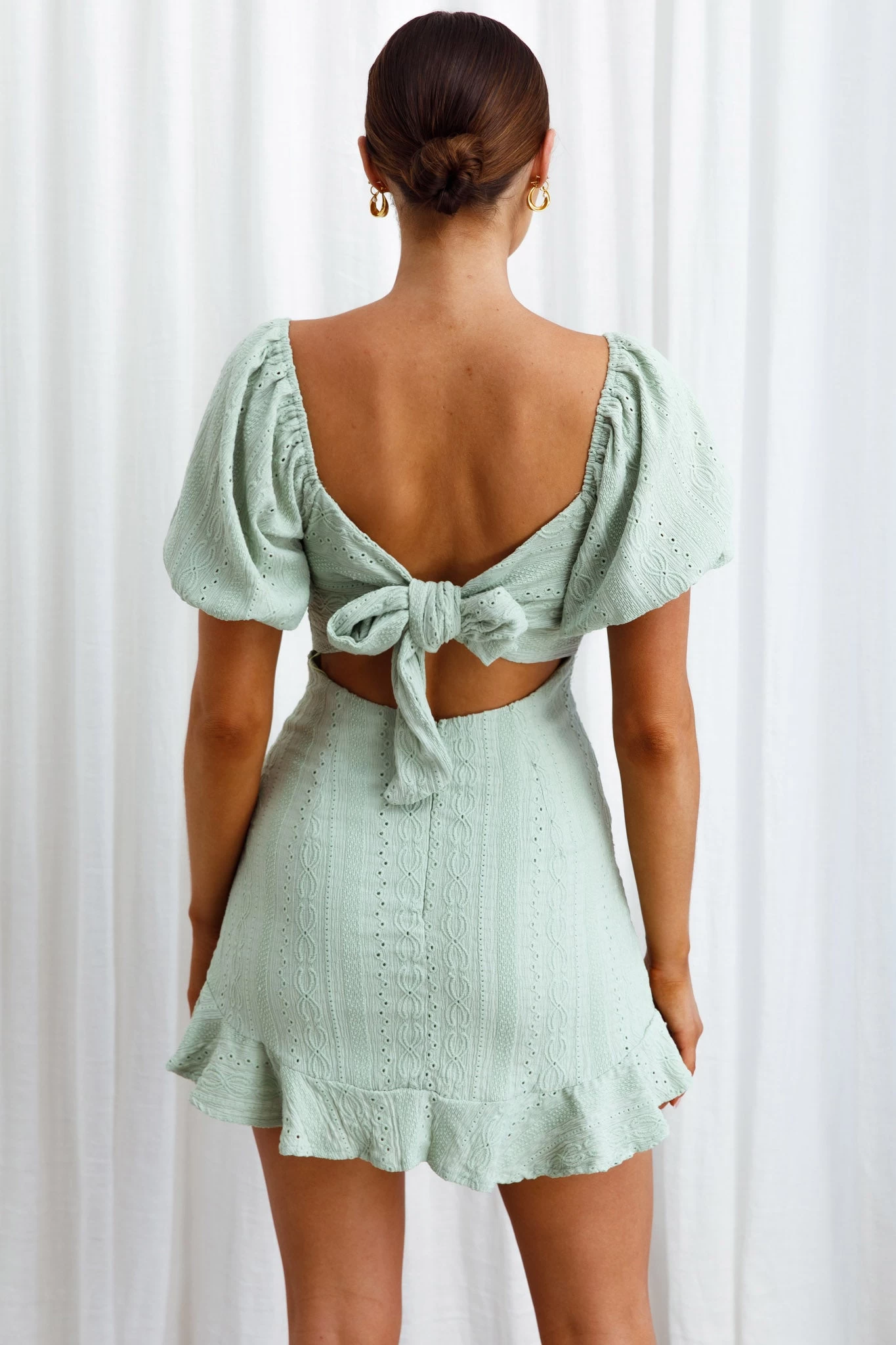 Mikayla Puff Sleeve Tied Back Eyelet Embroidery Dress Avocado - Image 6