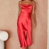 Lakoda Gathered Bust Bow Tie Back Midi Dress Red