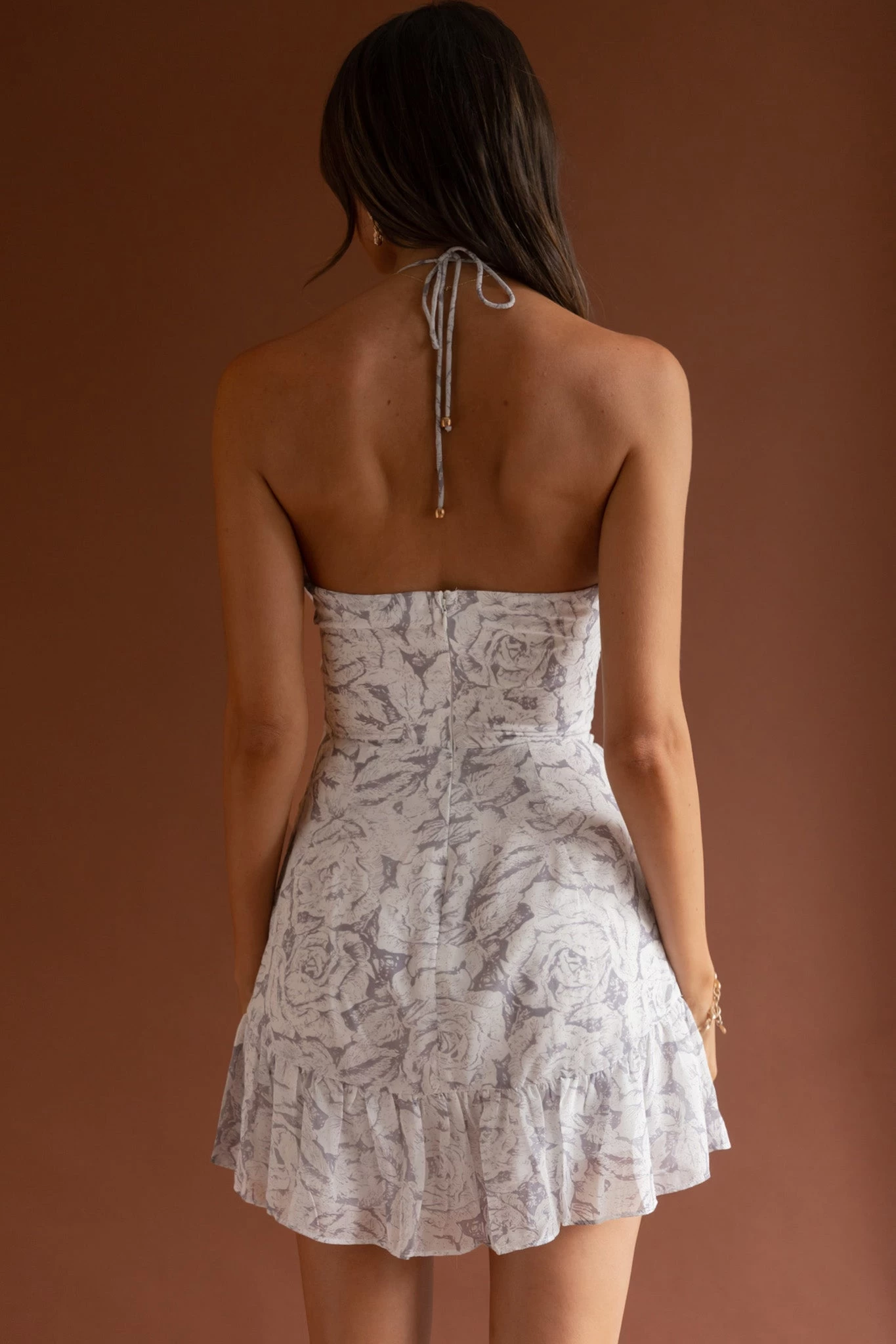 Date Night Drawstring Bust Mini Dress Floral Grey - Image 7