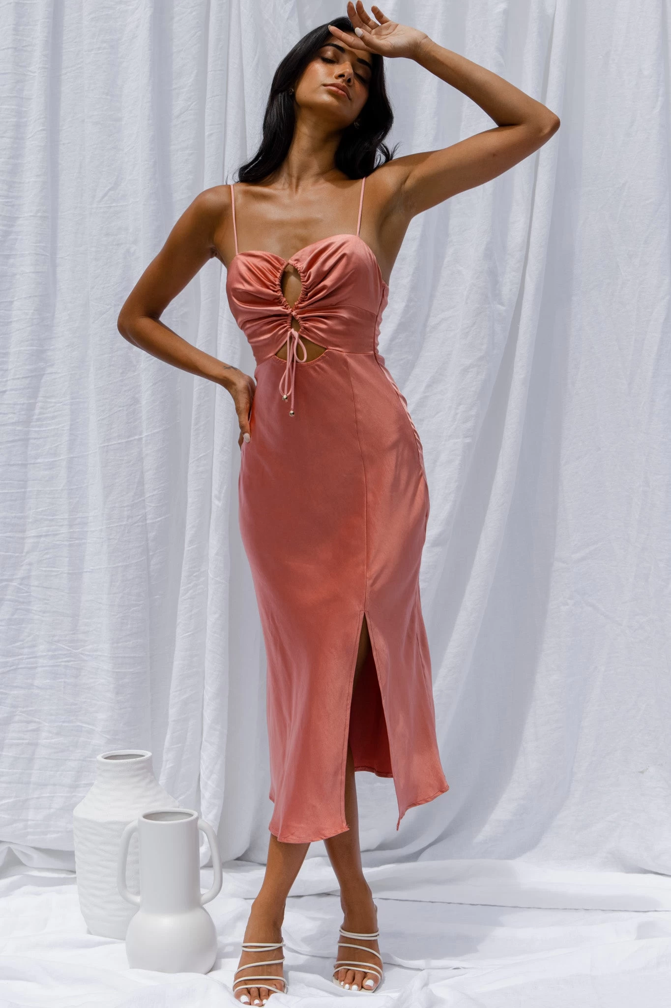 Date Night Drawstring Bust Midi Dress Rose - Image 3