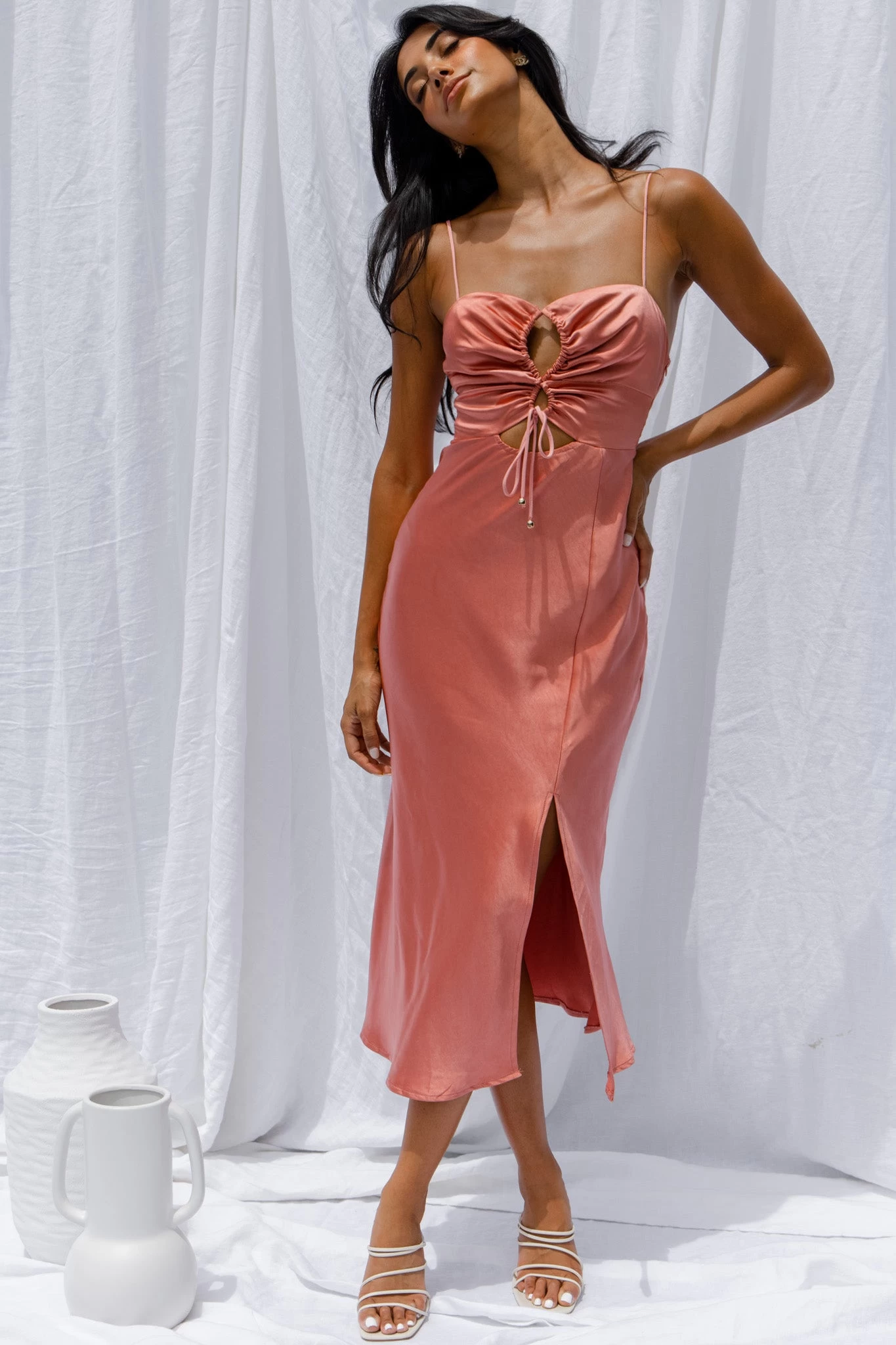 Date Night Drawstring Bust Midi Dress Rose - Image 5