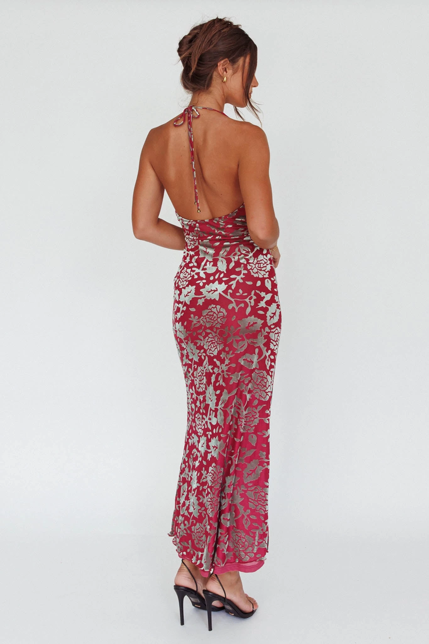 Byzantine Cowl Halterneck Midi Dress Floral Wine - Image 2