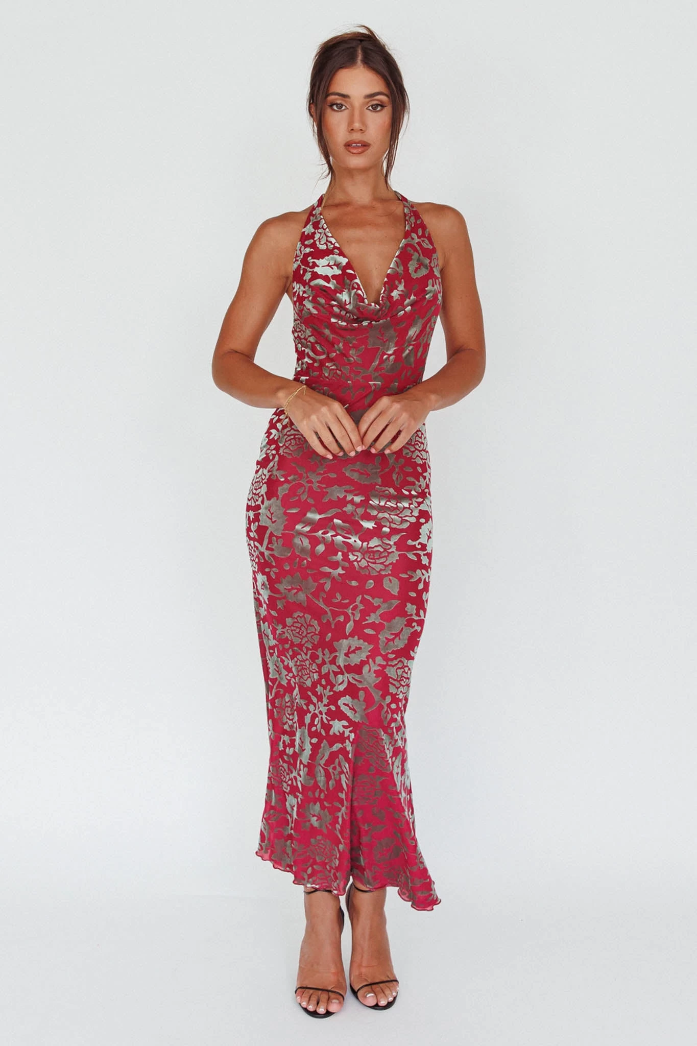 Byzantine Cowl Halterneck Midi Dress Floral Wine - Image 5