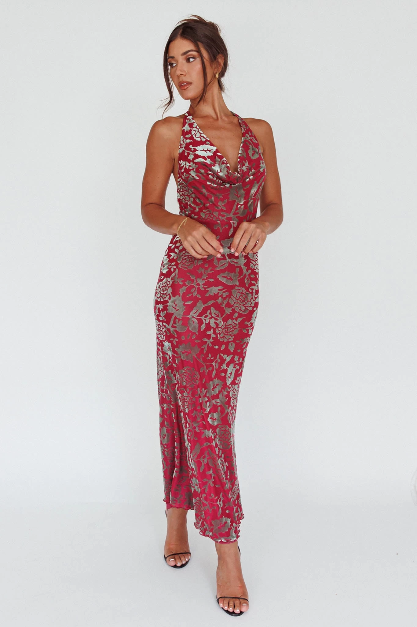 Byzantine Cowl Halterneck Midi Dress Floral Wine - Image 6