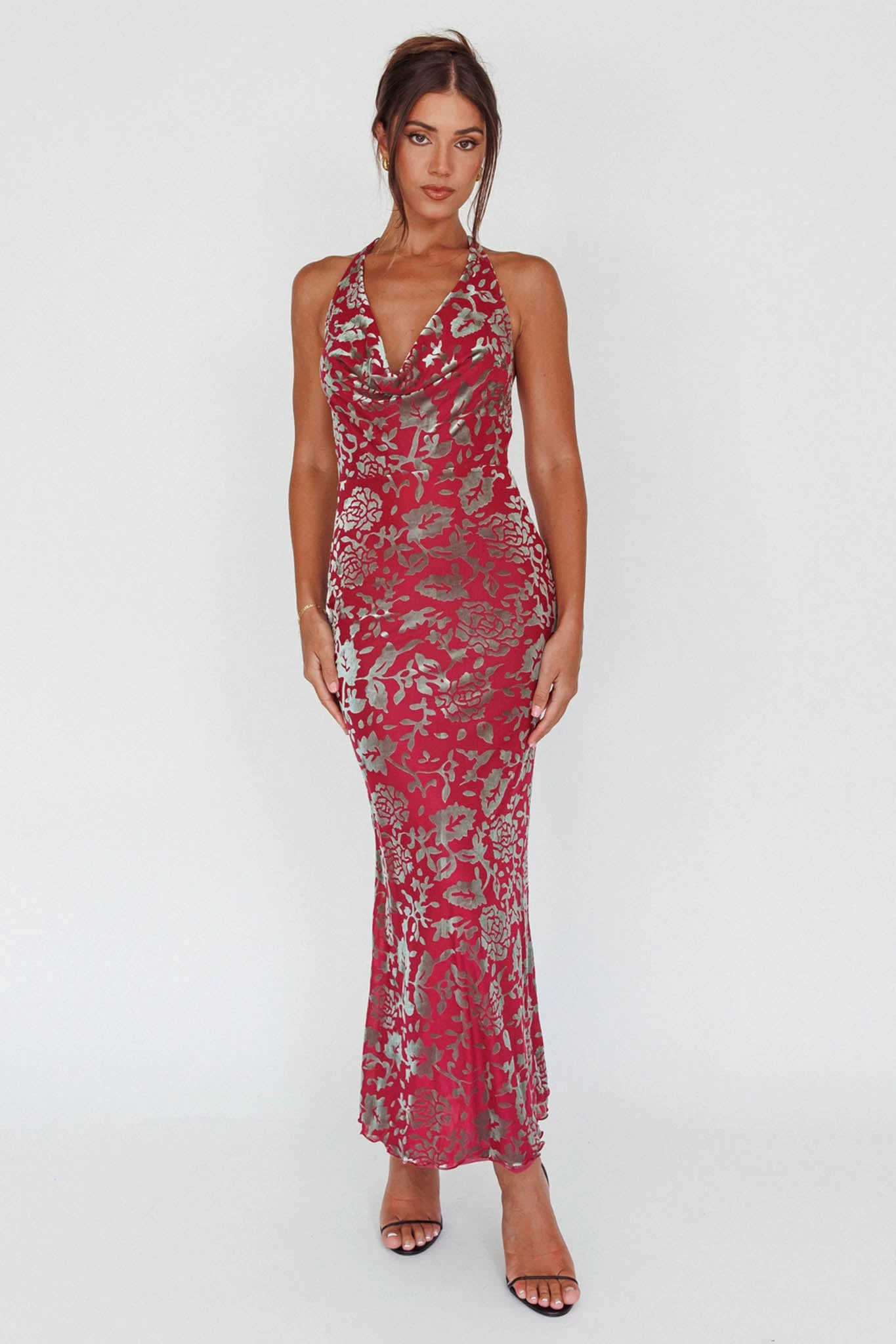 Byzantine Cowl Halterneck Midi Dress Floral Wine - Image 7