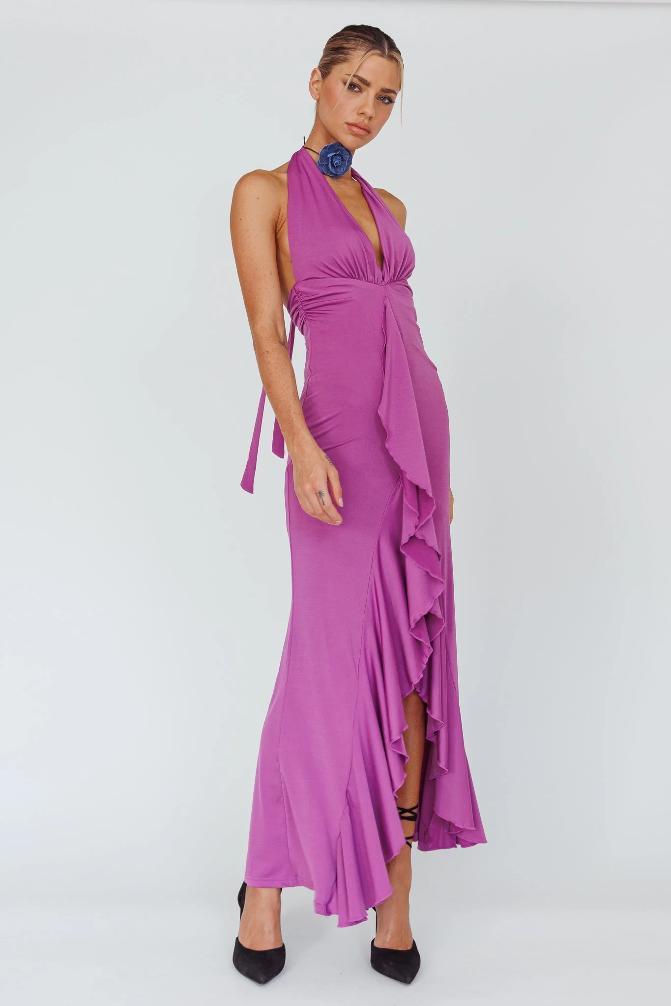 Zaphirah Halterneck Ruffle Dress Magenta - Image 5