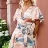 Cami Angel Sleeve Faux Wrap Dress Watercolor Print Multi
