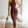 Rapt Waist Tie Halterneck Knit Midi Dress Chocolate