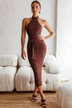 Rapt Waist Tie Halterneck Knit Midi Dress Chocolate