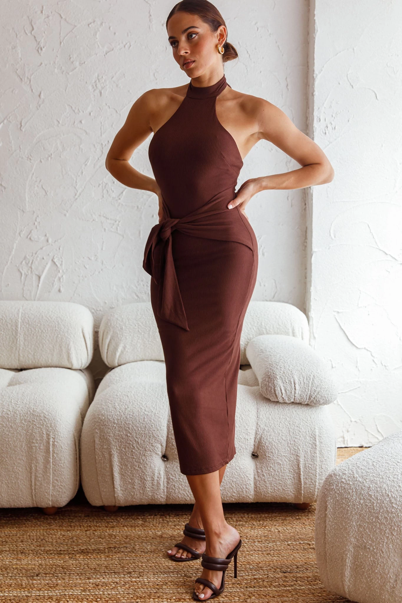 Rapt Waist Tie Halterneck Knit Midi Dress Chocolate - Image 4