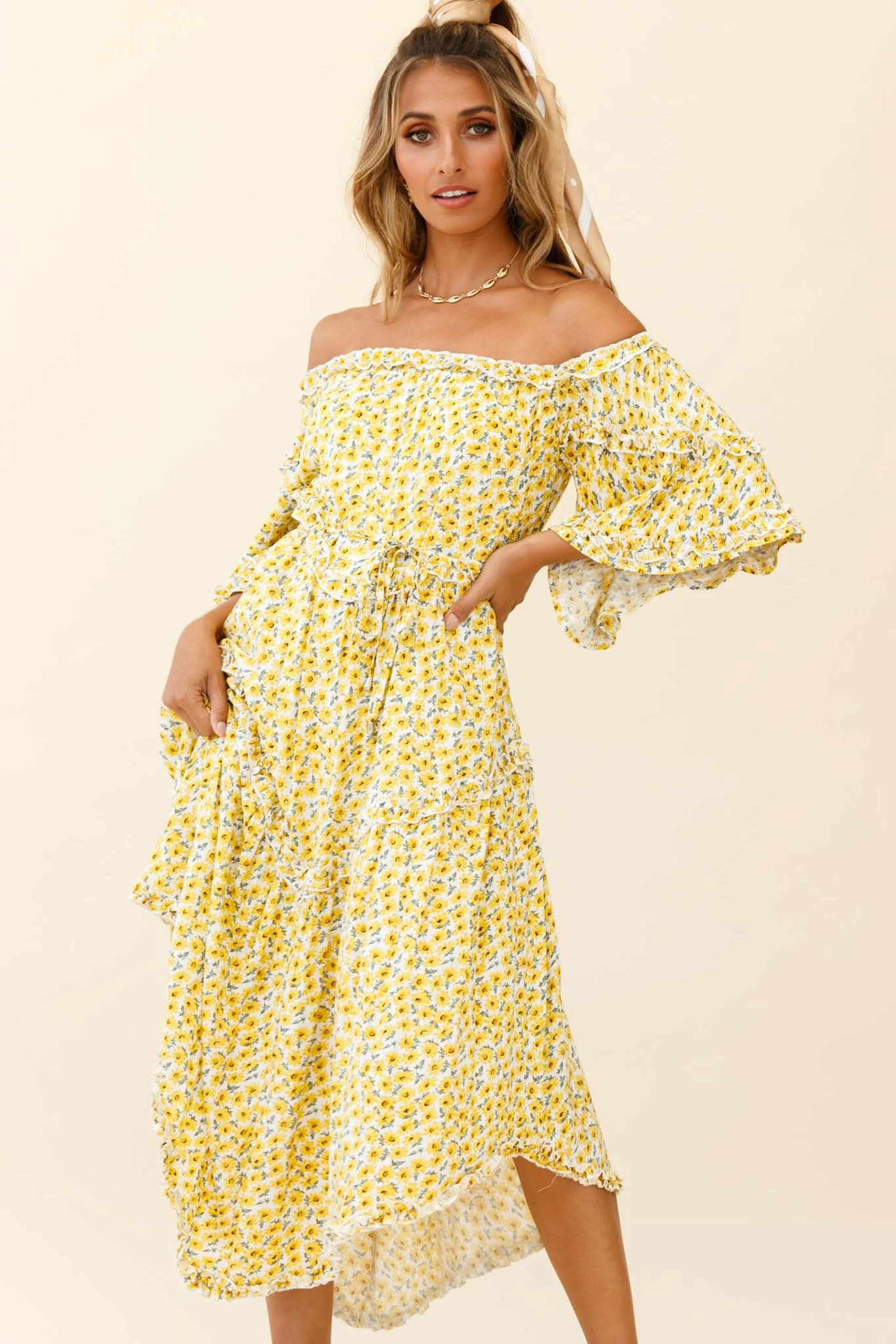Renoir Off-Shoulder Frill Trim Dress Floral Print Yellow - Image 3