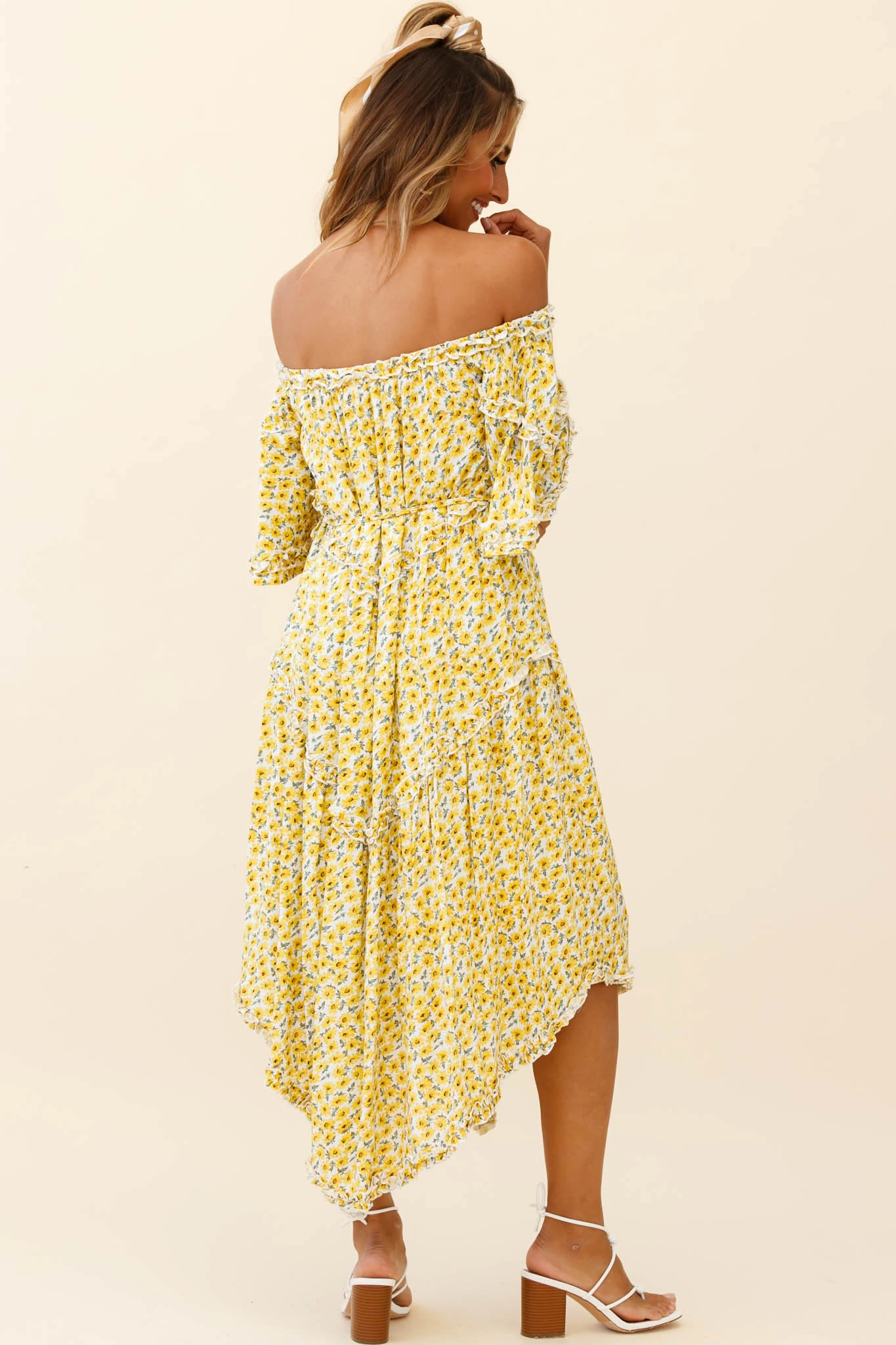 Renoir Off-Shoulder Frill Trim Dress Floral Print Yellow - Image 2