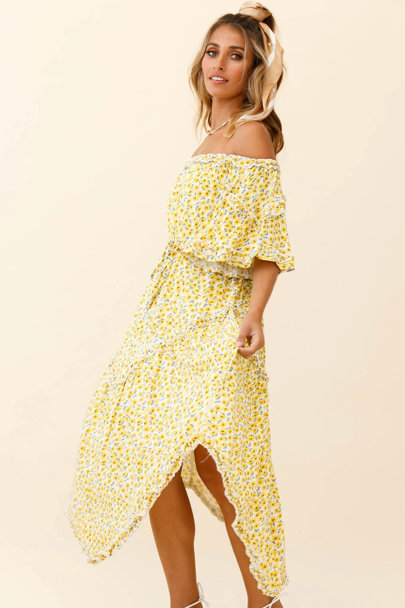 Renoir Off-Shoulder Frill Trim Dress Floral Print Yellow - Image 6