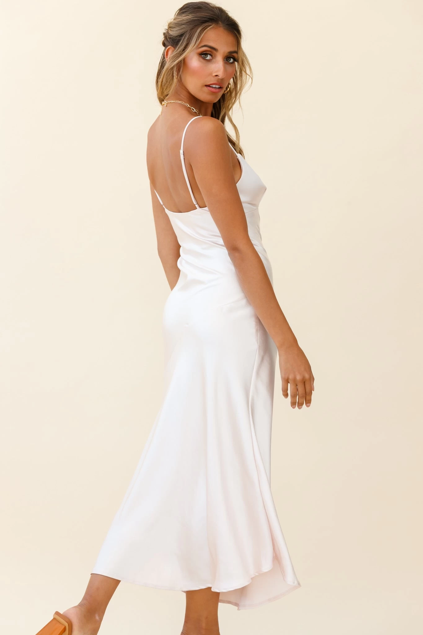 Downtown Cami Strap Front Split Midi Dress Champagne - Image 4