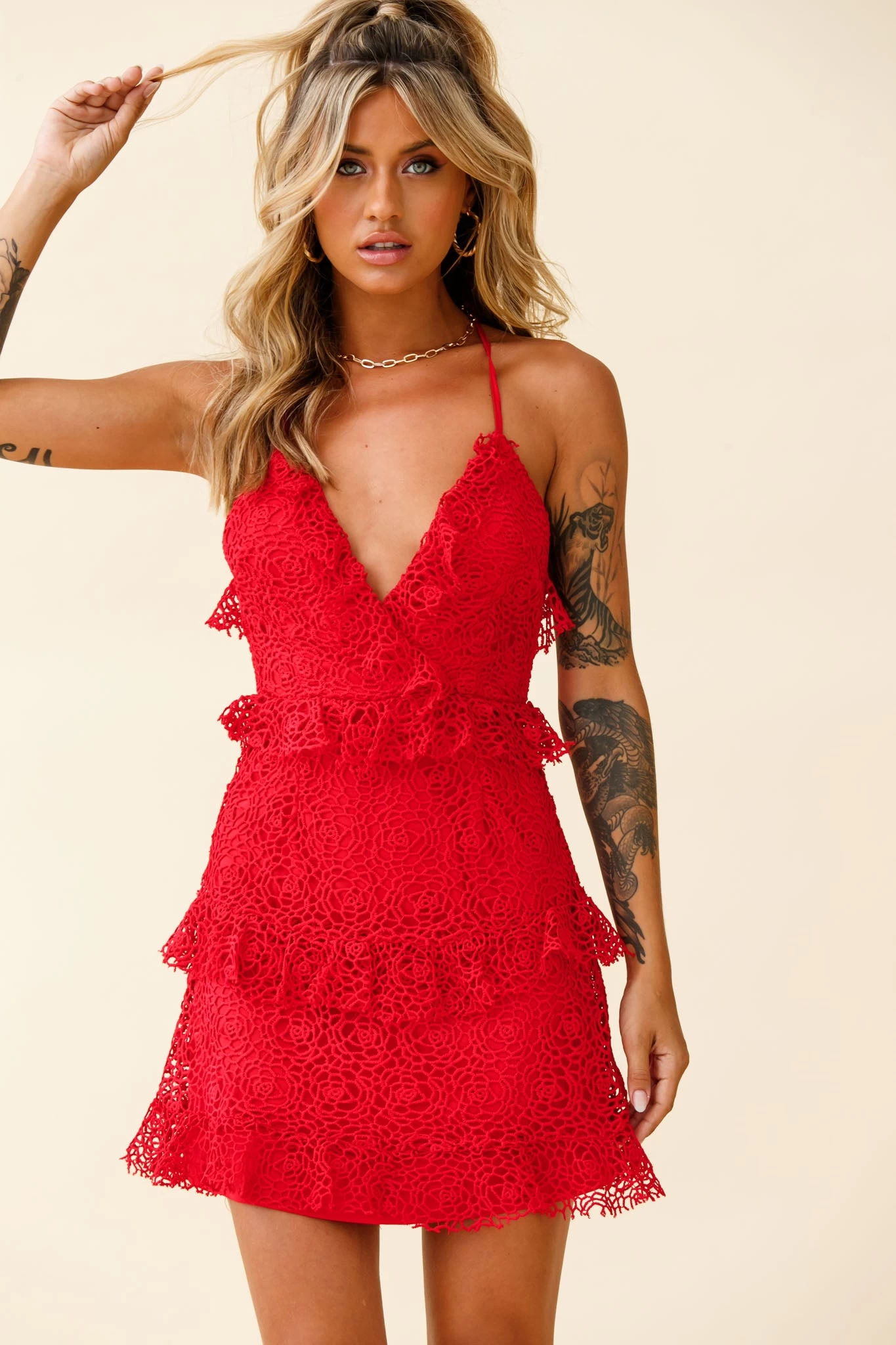 Airlie Halterneck Open Back Lace Dress Red - Image 5