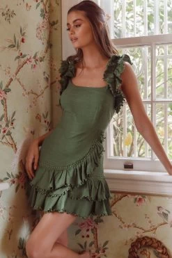 Annie Ruffle Shoulder Strap Layered Hem Mini Dress Green