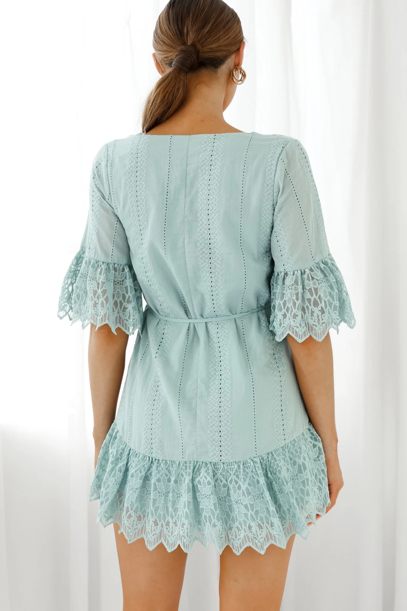Karissa Lace Trim Waist Tie Tunic Dress Sage - Image 2