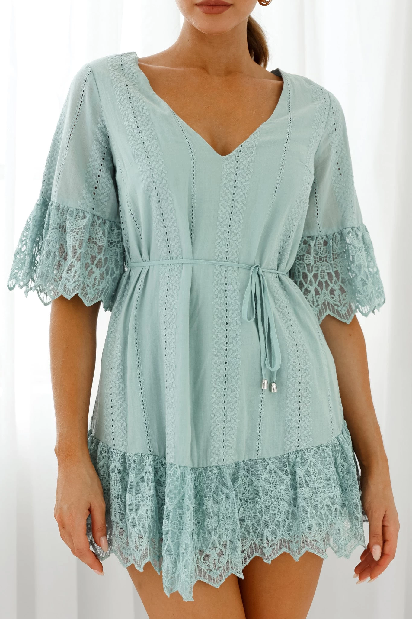 Karissa Lace Trim Waist Tie Tunic Dress Sage - Image 4