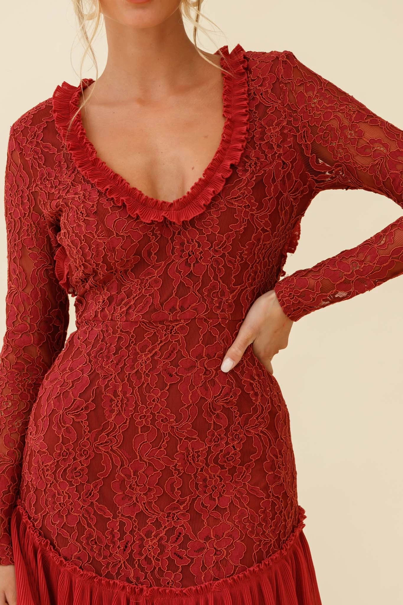 Isabella Long Sleeve Open Back Lace Dress Antique Rose - Image 4