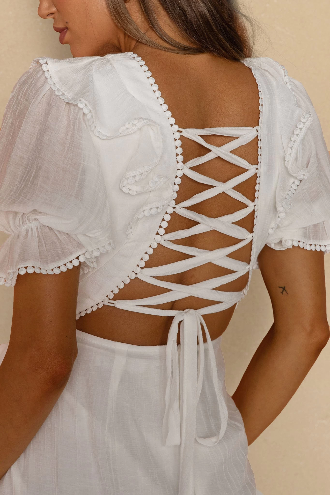 Charade Puff Sleeve Wrap Skirt Corset Back Dress White - Image 4