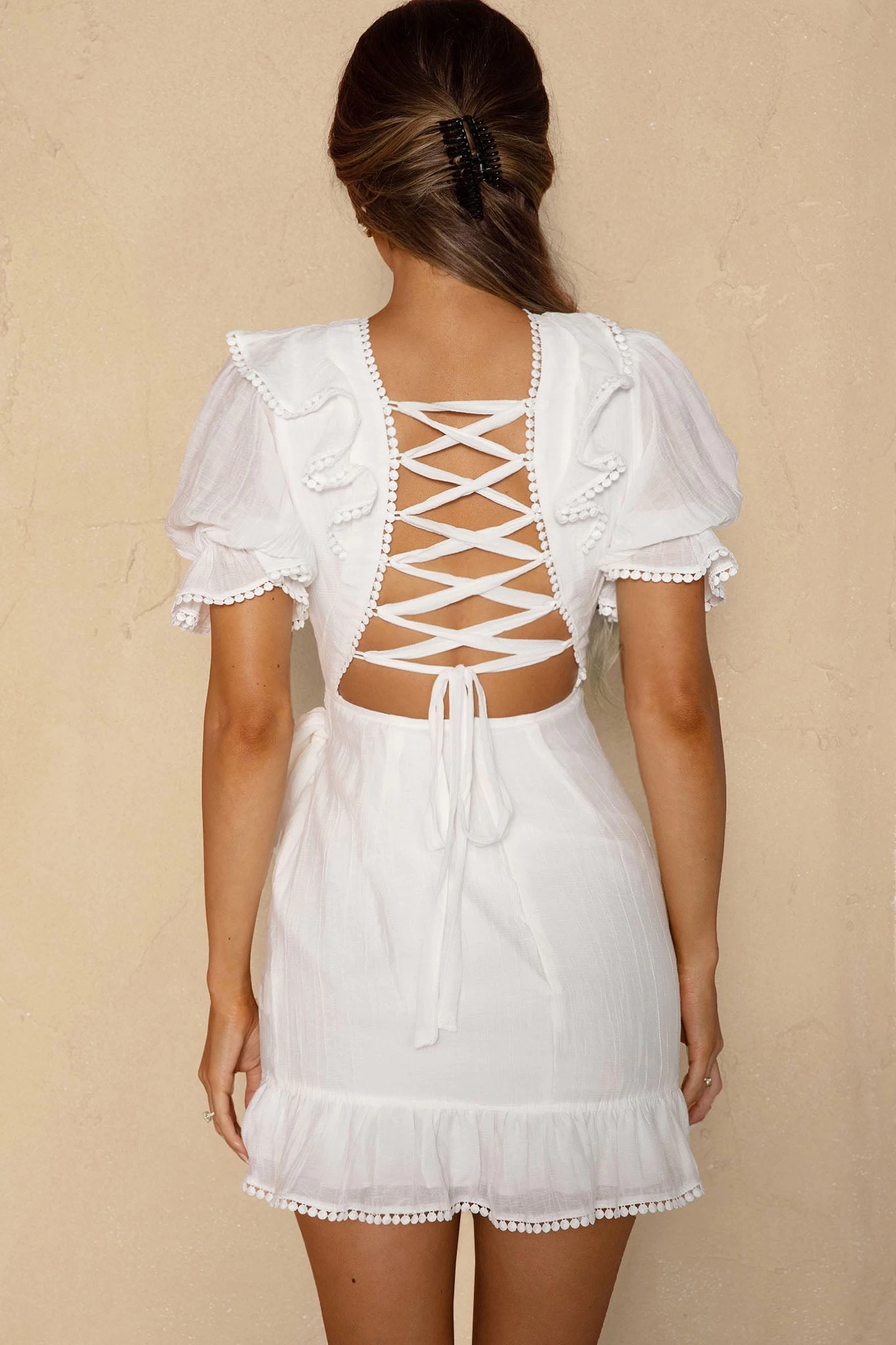 Charade Puff Sleeve Wrap Skirt Corset Back Dress White - Image 7