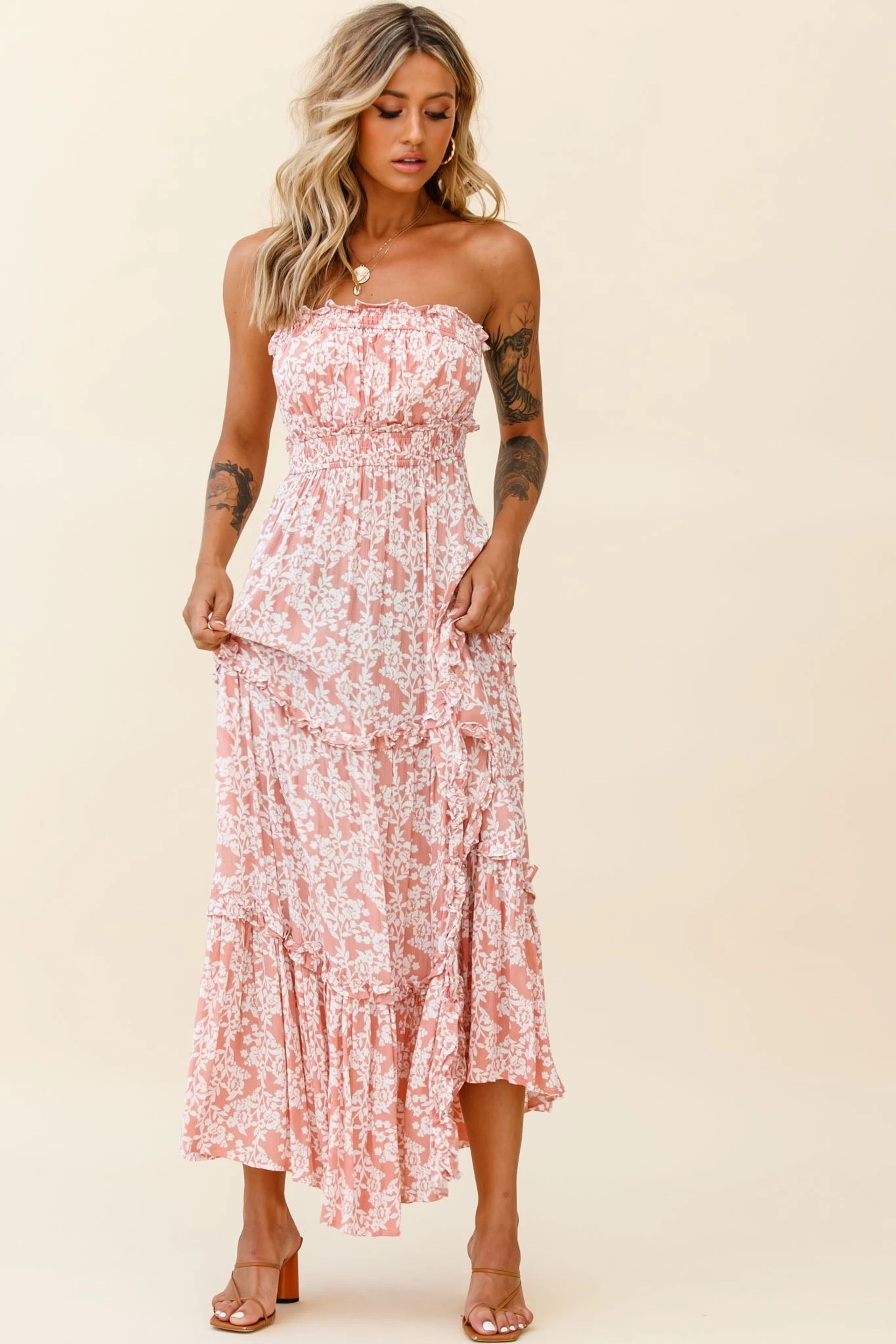 Take Me Away Strapless Maxi Dress Floral Print Blush - Image 2