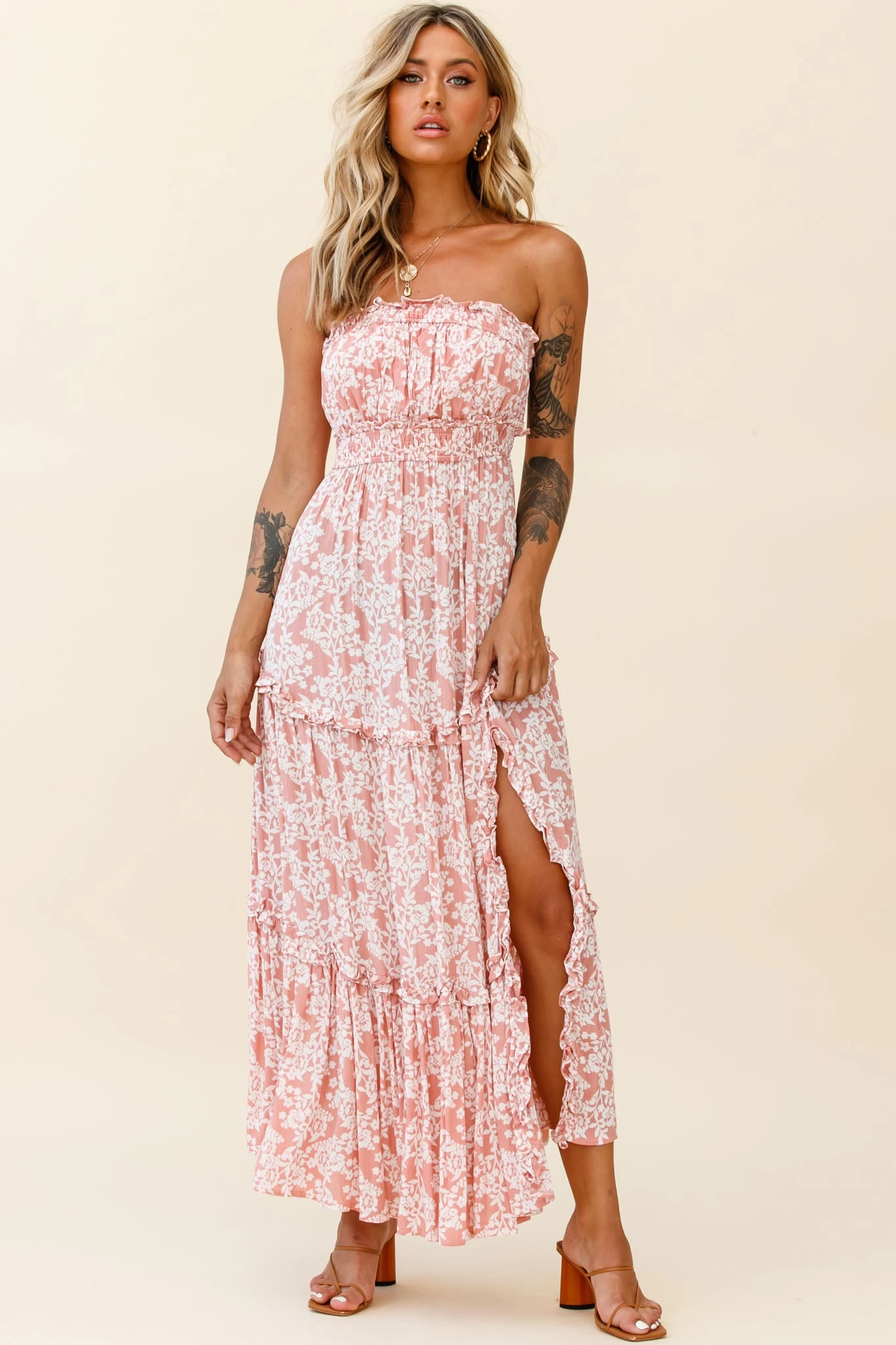 Take Me Away Strapless Maxi Dress Floral Print Blush - Image 3