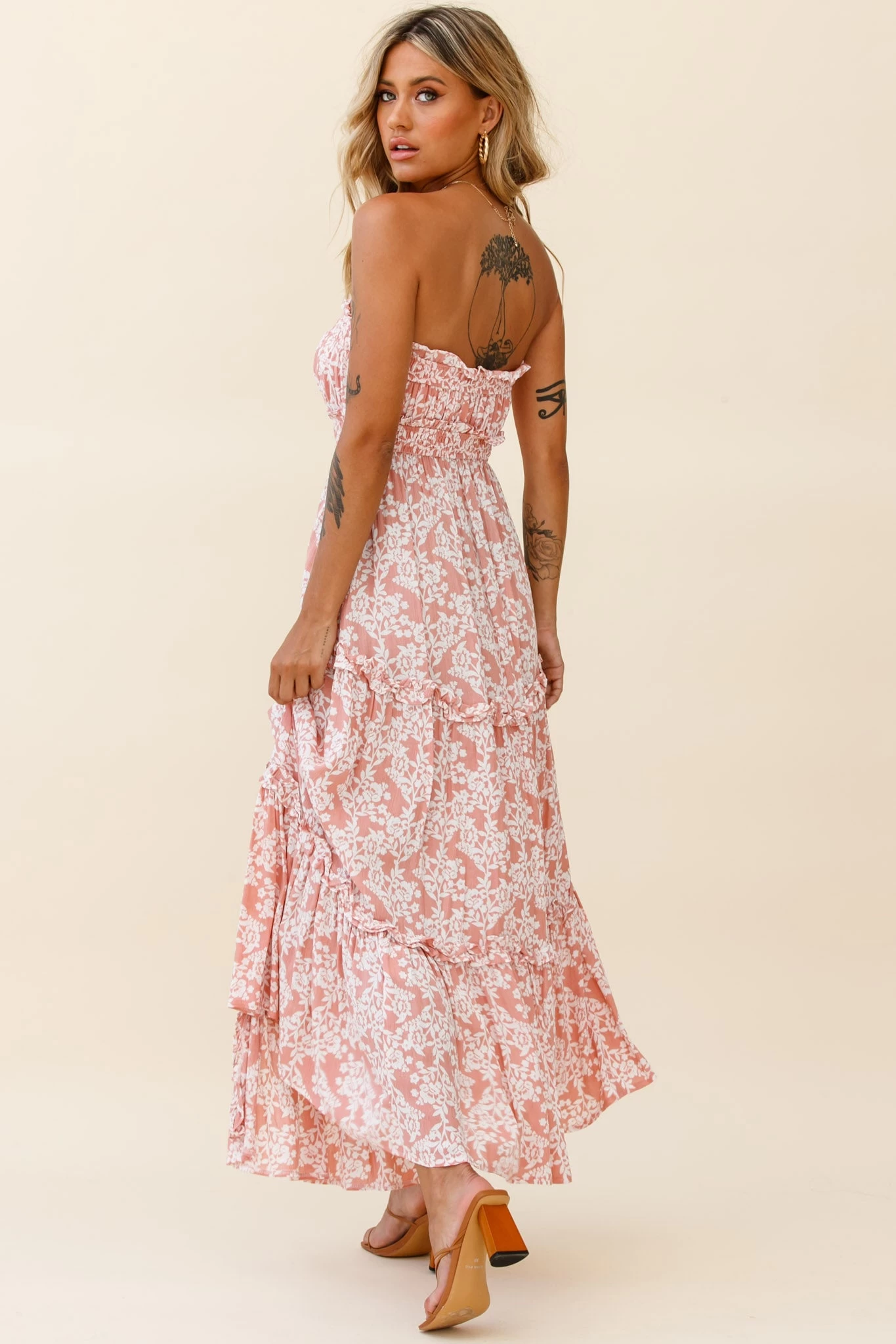 Take Me Away Strapless Maxi Dress Floral Print Blush - Image 6