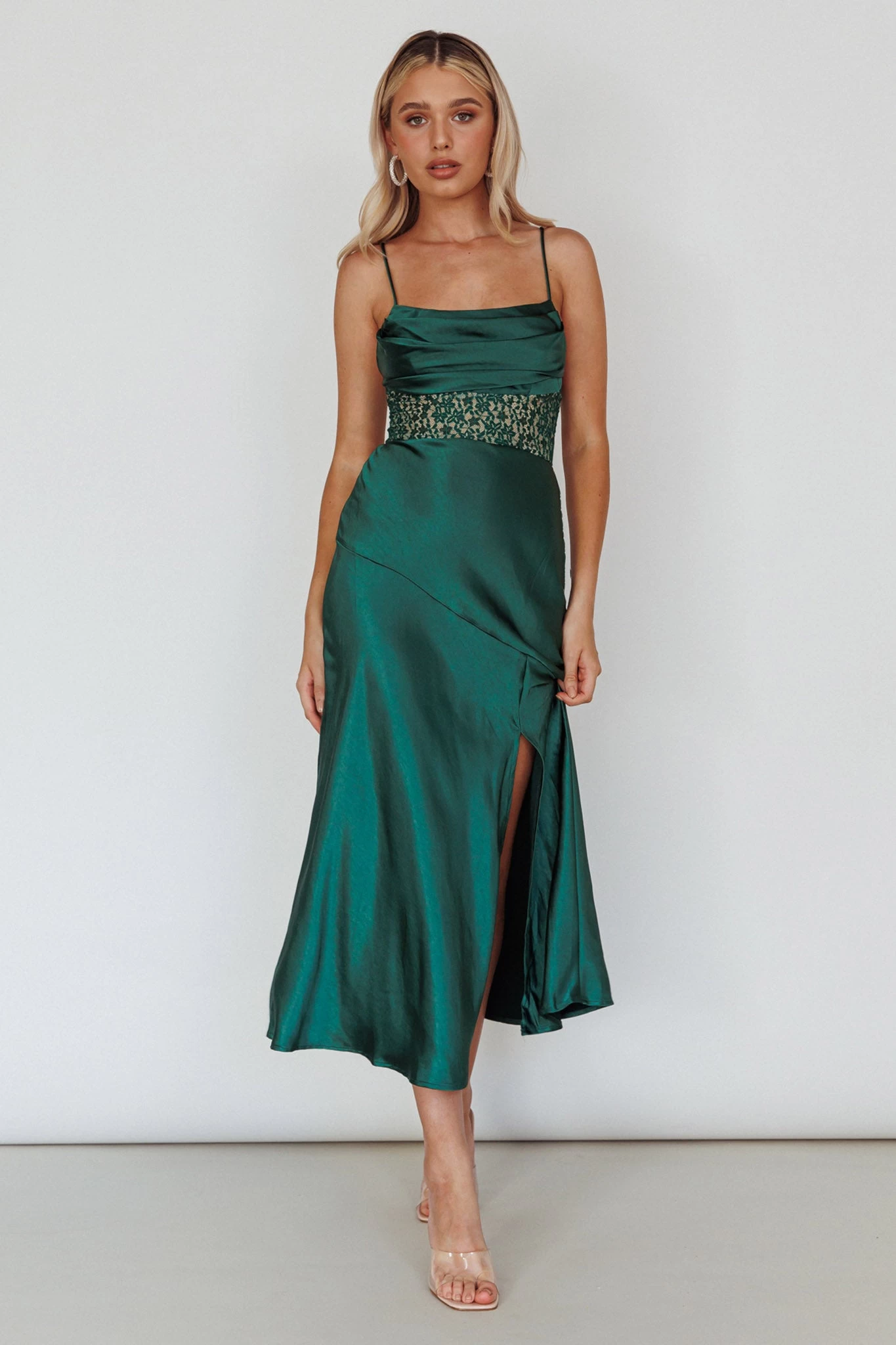 Golden Era Cowl Neck Lace Waist Midi Dress Jade - Image 3
