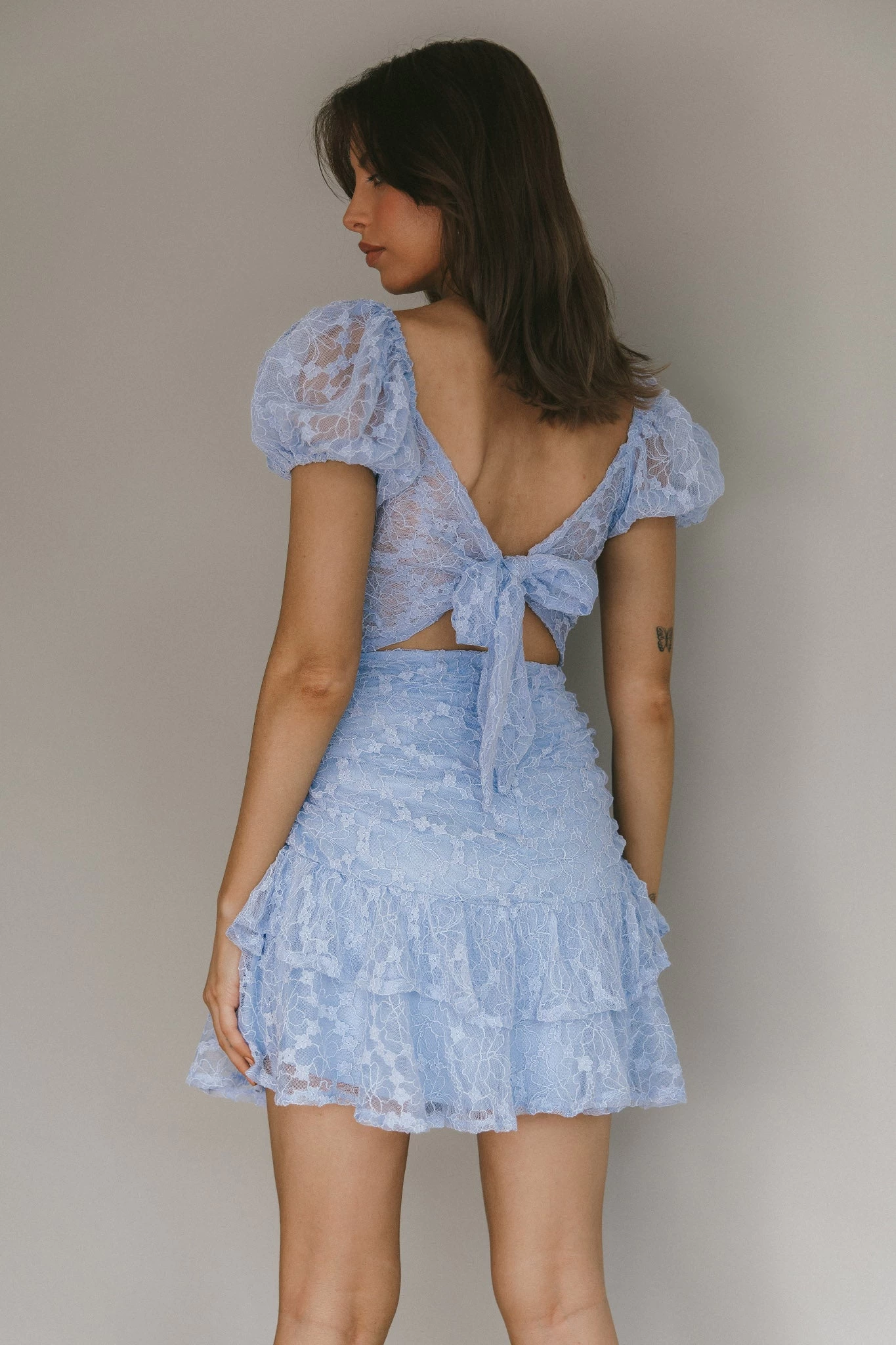 Annabella Puff Sleeve Tied Back Lace Dress Blue - Image 2