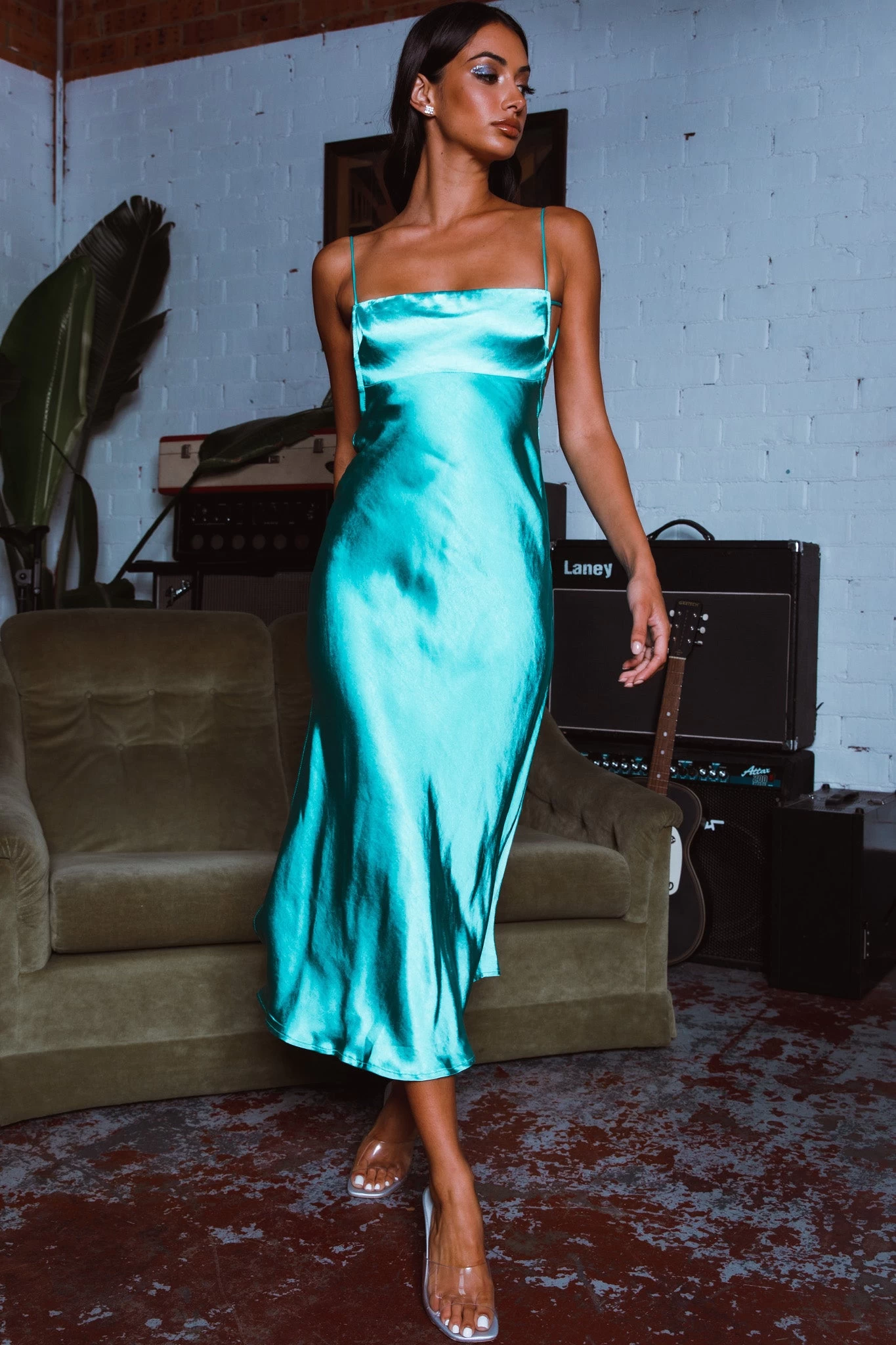 Dolce Life Low Back Midi Dress Teal - Image 3