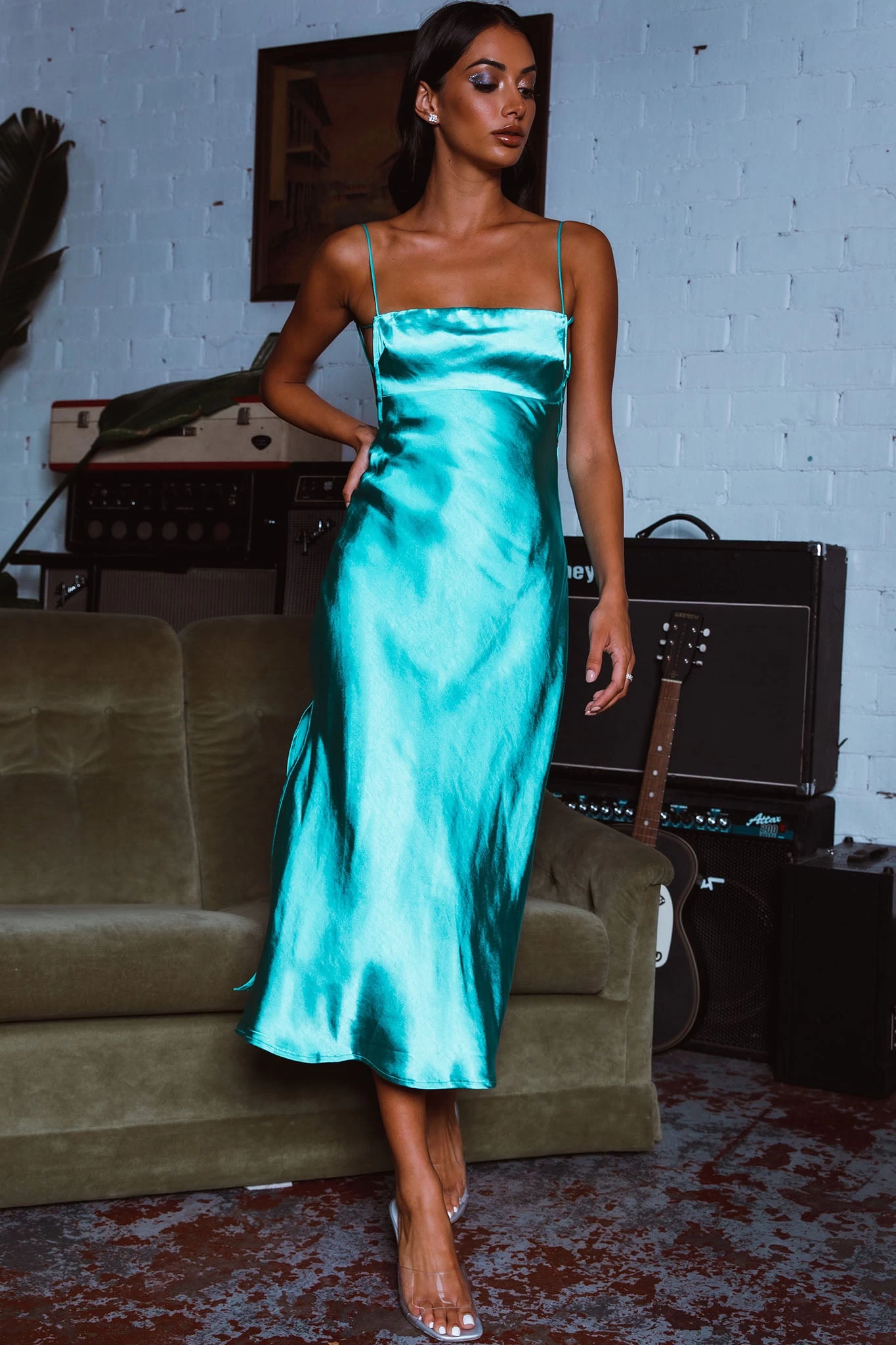 Dolce Life Low Back Midi Dress Teal - Image 6