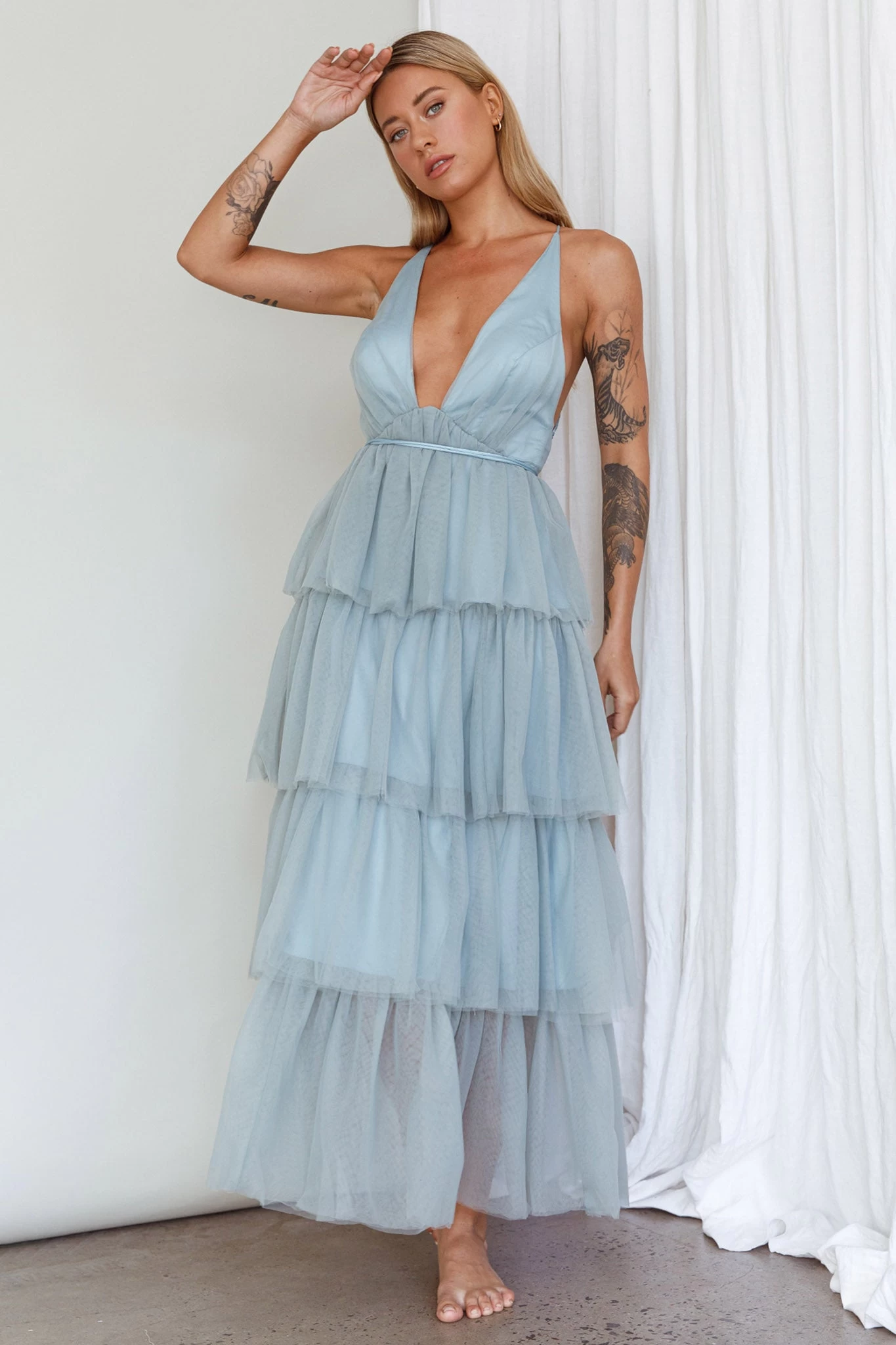 Auguste Tiered Frill Midi Dress Sage Green - Image 3