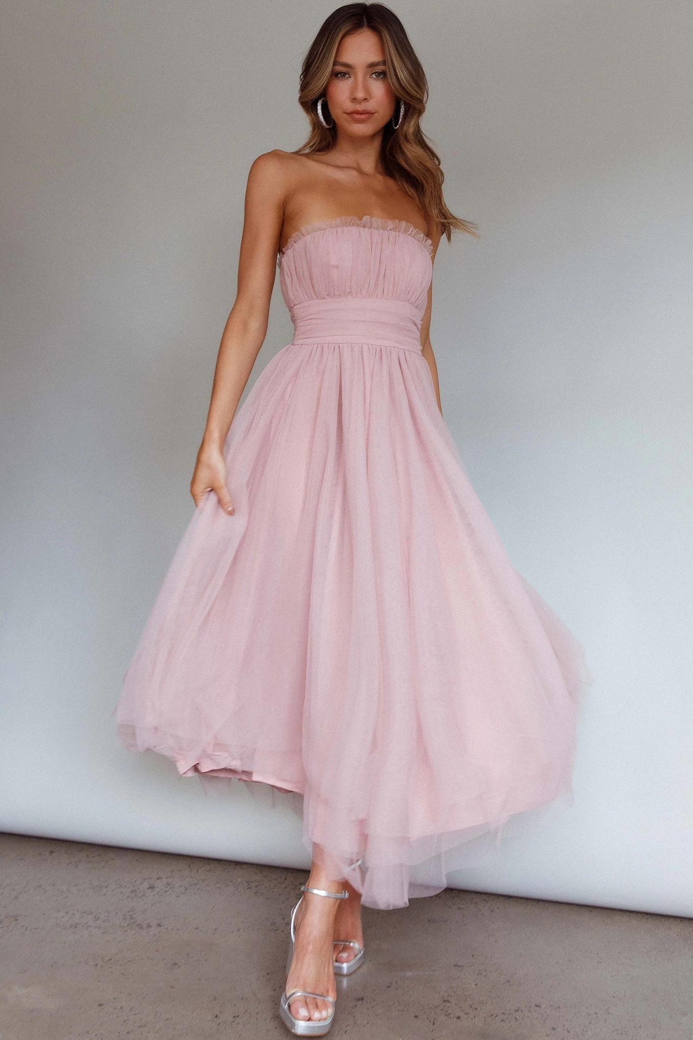 Fayette Strapless Mesh Midi Dress Blush - Image 7