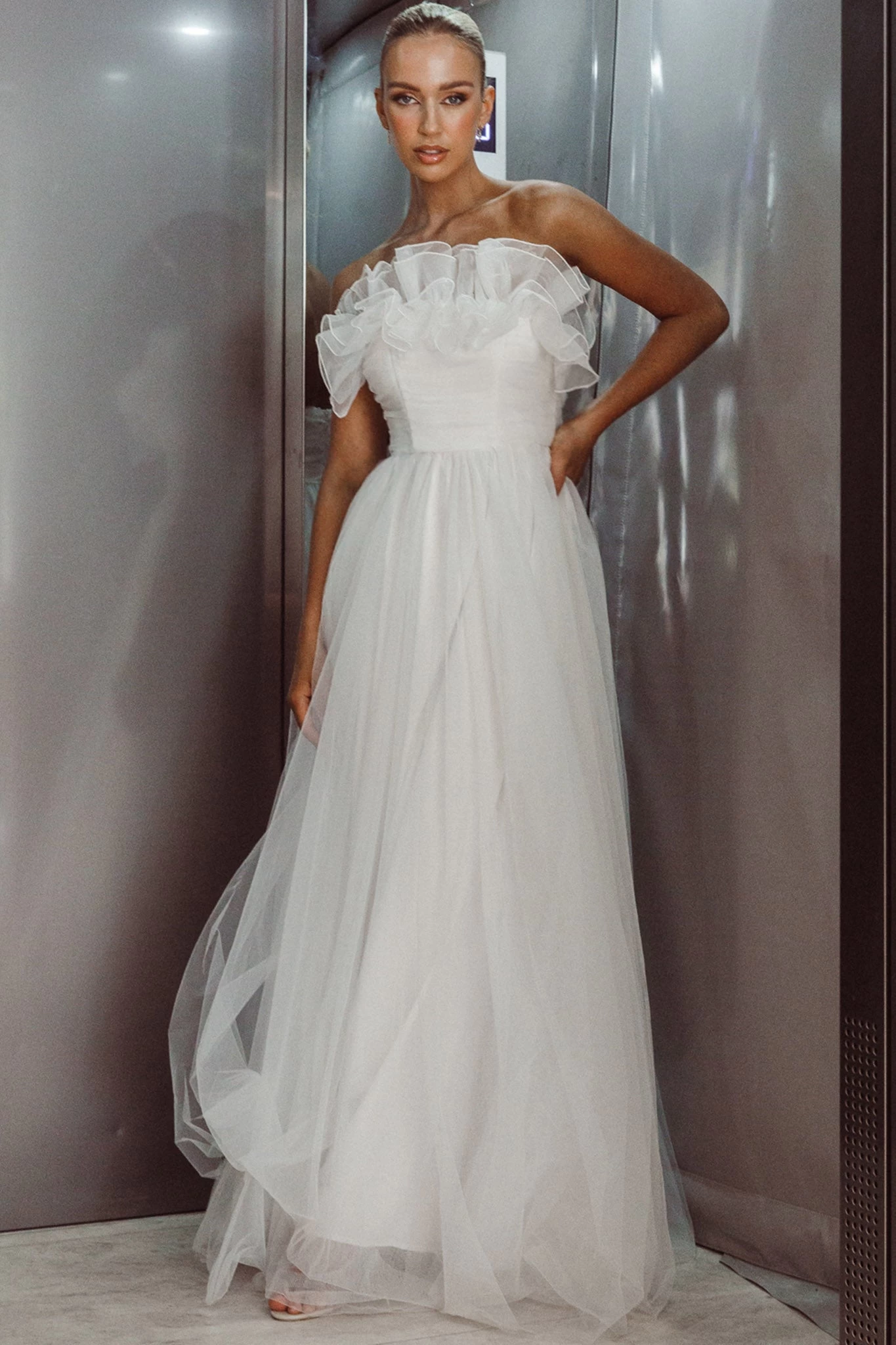 Marietha Organza Frill Maxi Wedding Dress White - Image 8